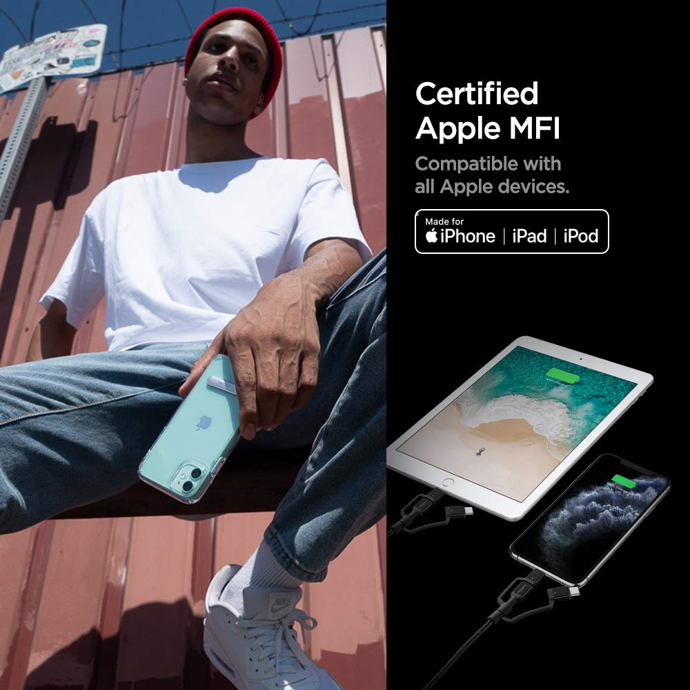 Spigen Durasync 3 In 1 Universal Charger Cable, Micro Usb/Lightning/Usb C Adapters [Mfi Certified], 4.9Ft Premium Braided Multi