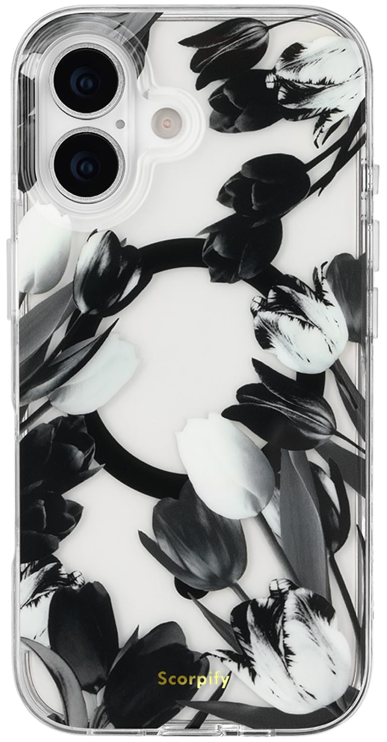 SCORPIFY for iPhone 17 Case [Compatible with MagSafe] with Black Tulip Floral Design, Cute Clear Flower Magnetic Phone Cover for