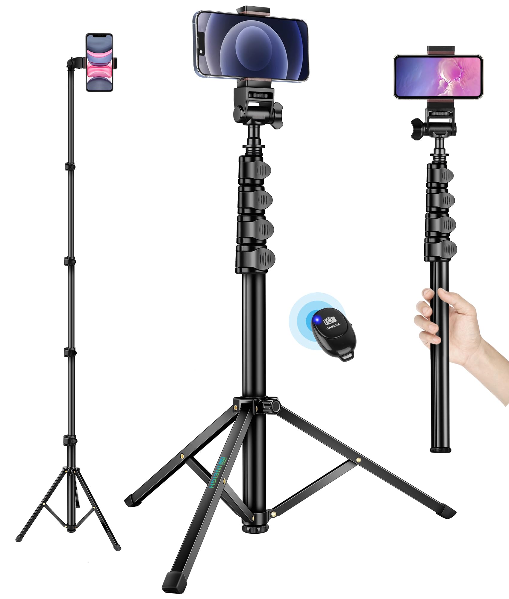 Nineigh Phone Tripod, 70' Selfie Stick Tripod Stand Cell Phone Tripods With Remote Phone Holder Carry Bag, Aluminum Alloy Selfie Stick Tripods, Compatible With Iphone Samsung Gopro Smartphone