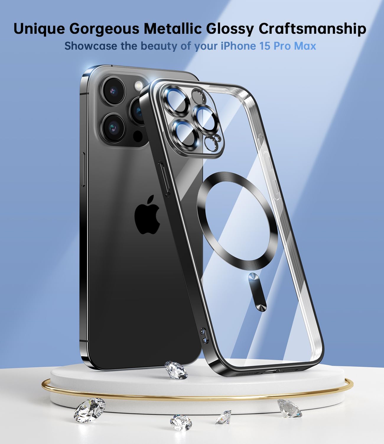 Waldeng Iphone 15 Pro Max Case With Magsafe, Metallic Bumper, And Camera Lens Protection   Black Titanium