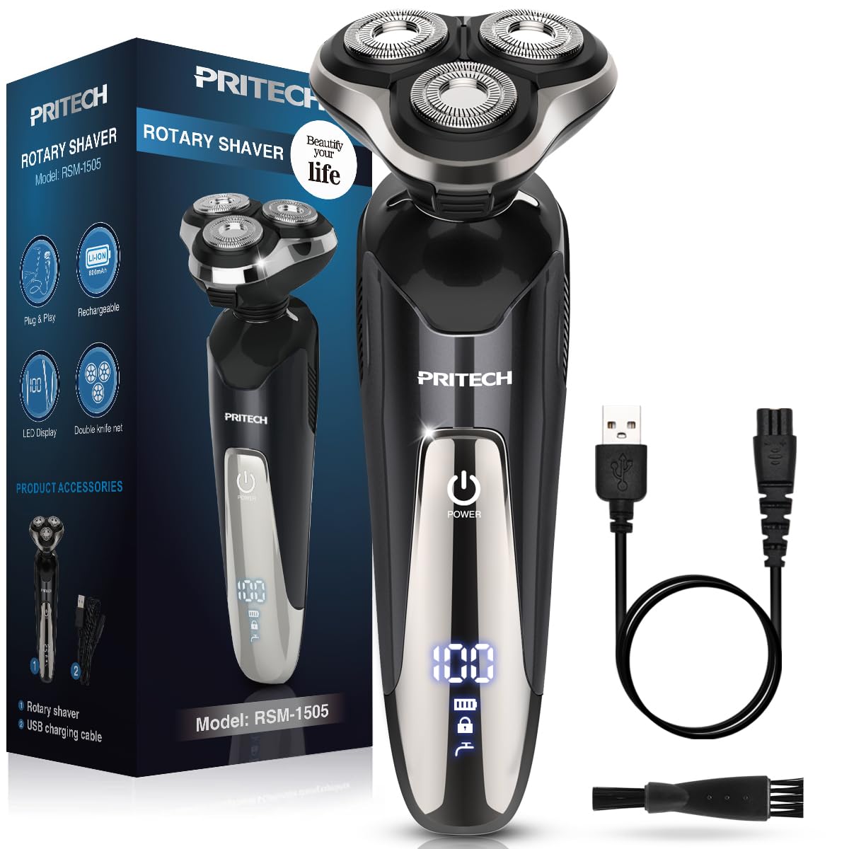 Electric Shaver For Men, Electric Razor For Men, Rechargeable Waterproof Wet Dry Cordless Razor
