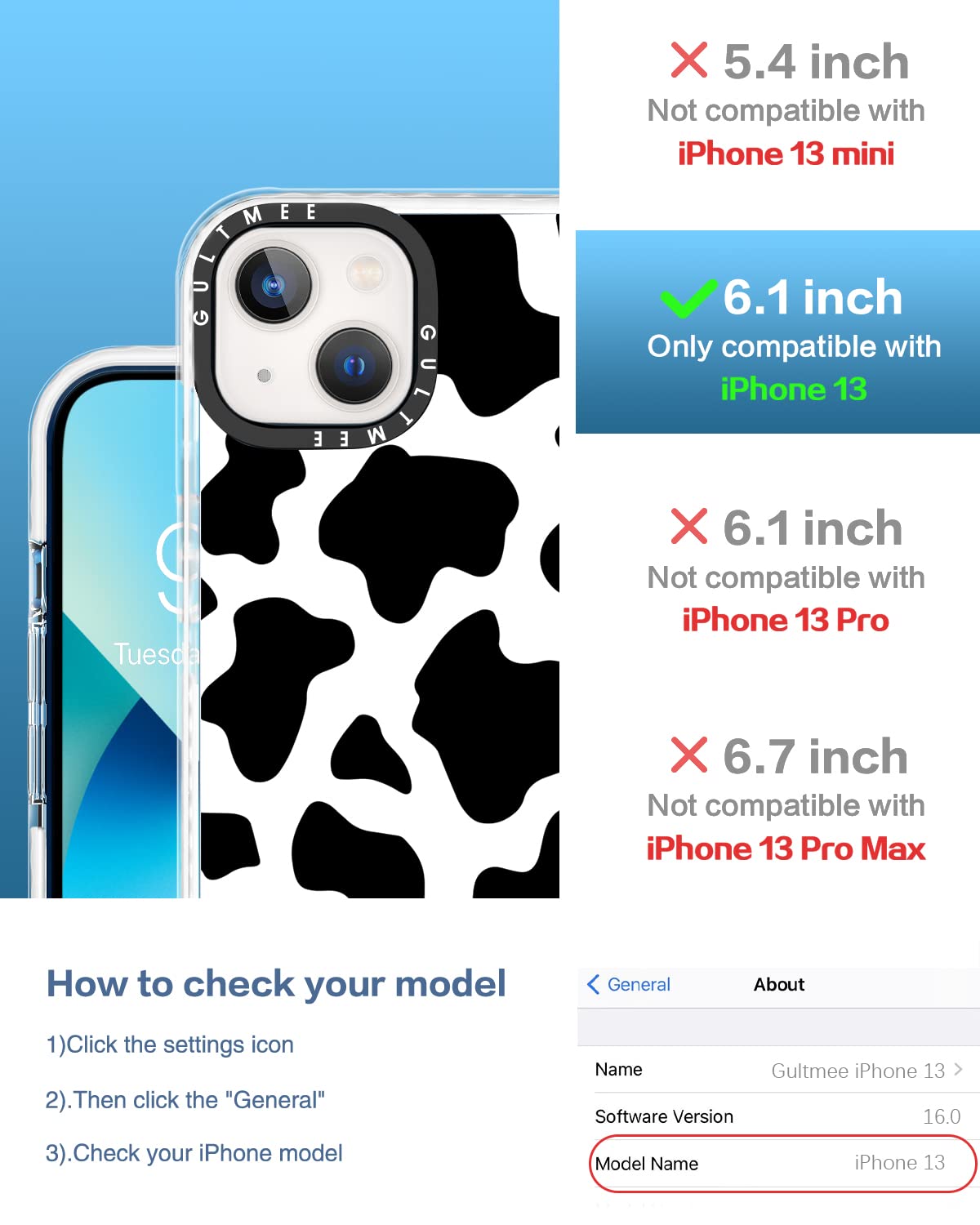 GULTMEE iPhone 13 Case 6.1 inch 3-in-1 Screen & Camera Protector Shockproof Cow Print Black White Slim