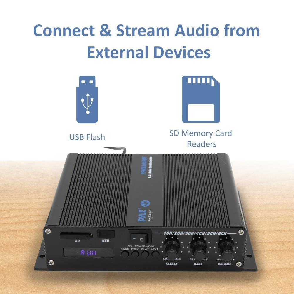 Pyle 6 Channel Audio Marine Amplifier   Compact Power 600 Watt Rms 4 Ohm Full Range Stereo With Volume Bass Treble Rotary Contro