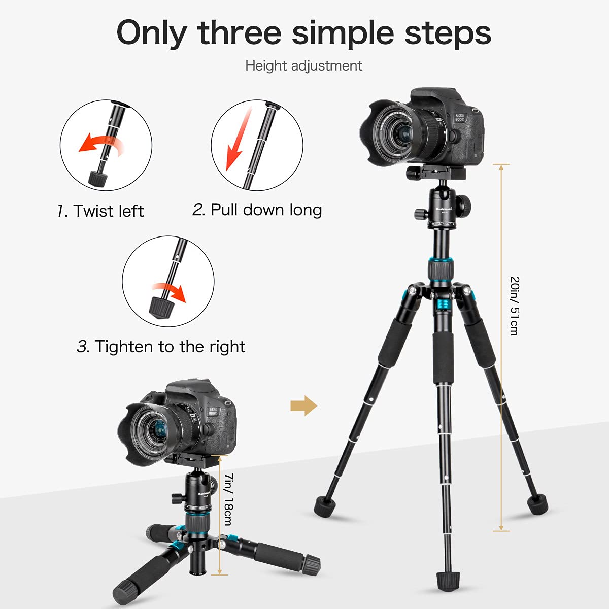 Koolehaoda Portable Mini Tripod Aluminum Alloy Tabletop Tripod Height 20 Inch / 51Cm With 360 Degree Ball Head And Bag For Dslr