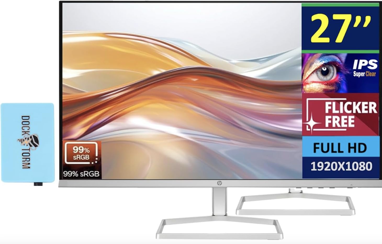 HP 27 FHD IPS (1920x1080) Monitor Bundle with Docztorm Dock, 100Hz Refresh Rate, 2X HDMI 1.4, 1x VGA, Flicker-Free, Anti-Glare, 