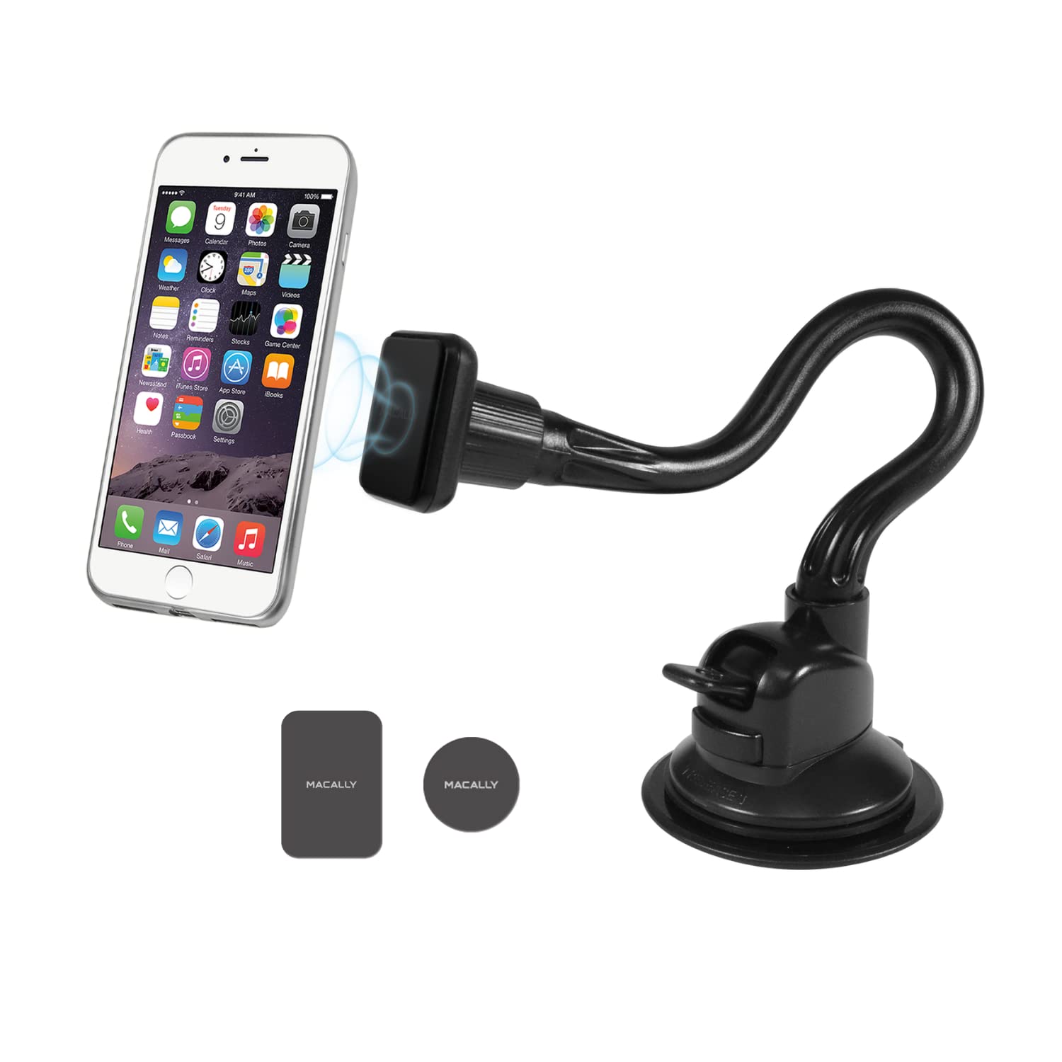 Macally Windshield Phone Mount For Car Magnetic   Suction Cup Window Mount Phone Holder With 12'' Long Gooseneck Arm & Super Str