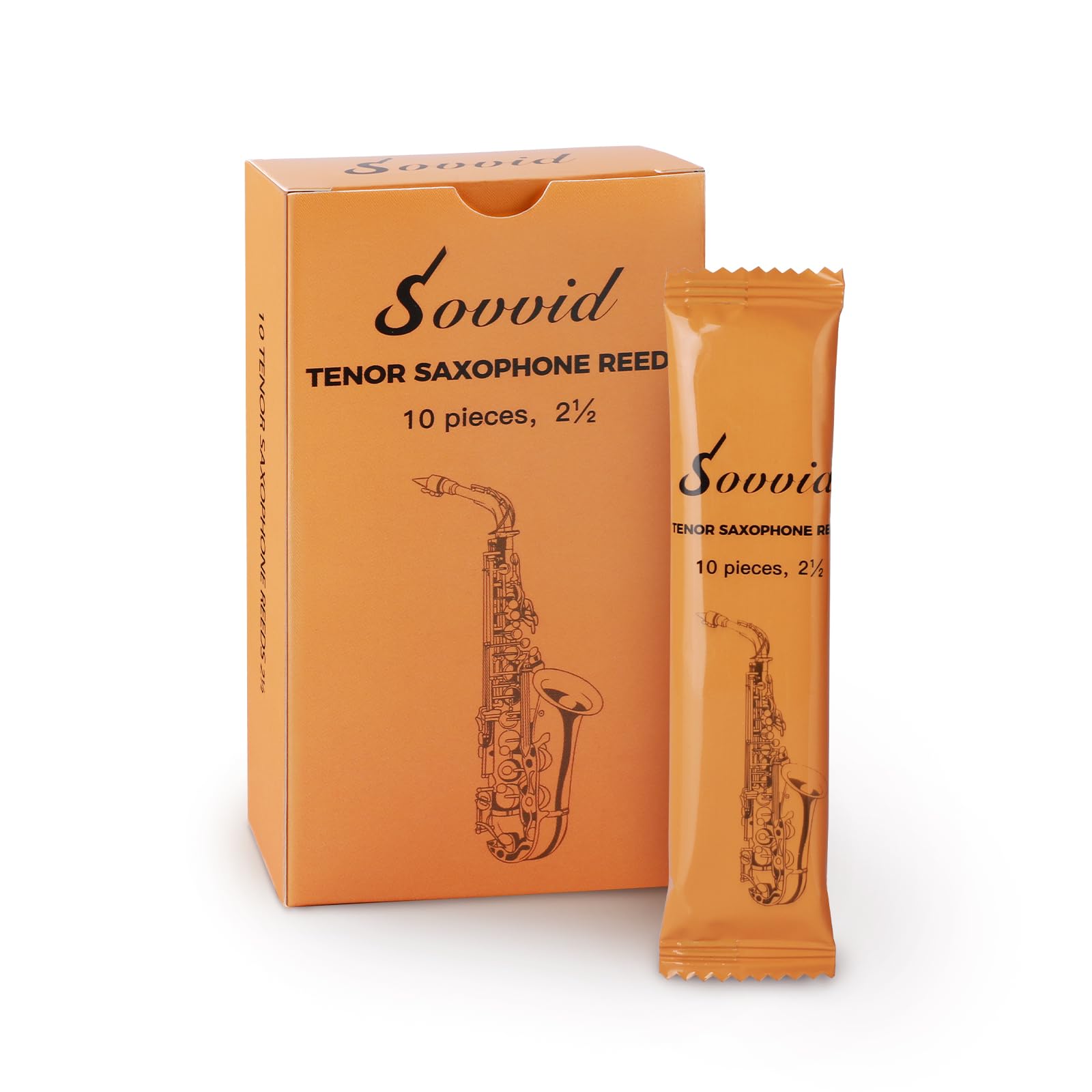Sovvid Tenor Saxophone Reeds Strength 2.5 With Portable Reed Case, Box Of 10, Individually Packaged Tenor Sax Reeds, Laser Engra