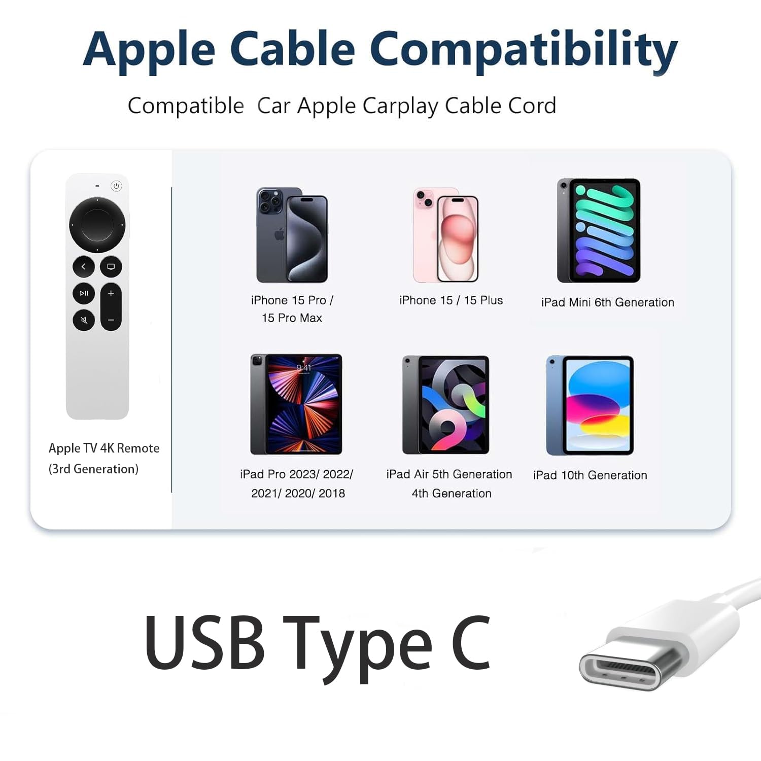 Car Apple Carplay Cable For Iphone 15, Usb A To Usb C Cable Cord For Iphone 15 Pro Max 15 Plus Charger, Usb To Usb C Apple Cable
