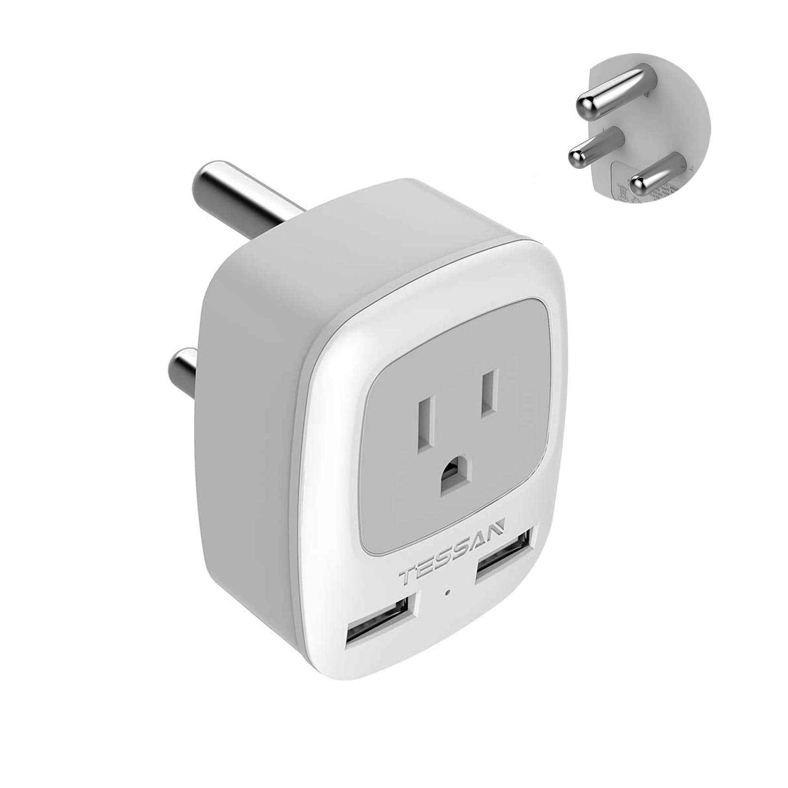 Tessan South Africa Power Adapter, Grounded Travel Plug Adaptor With 2 Usb &1 American Outlet Charger For Type M Country Such As