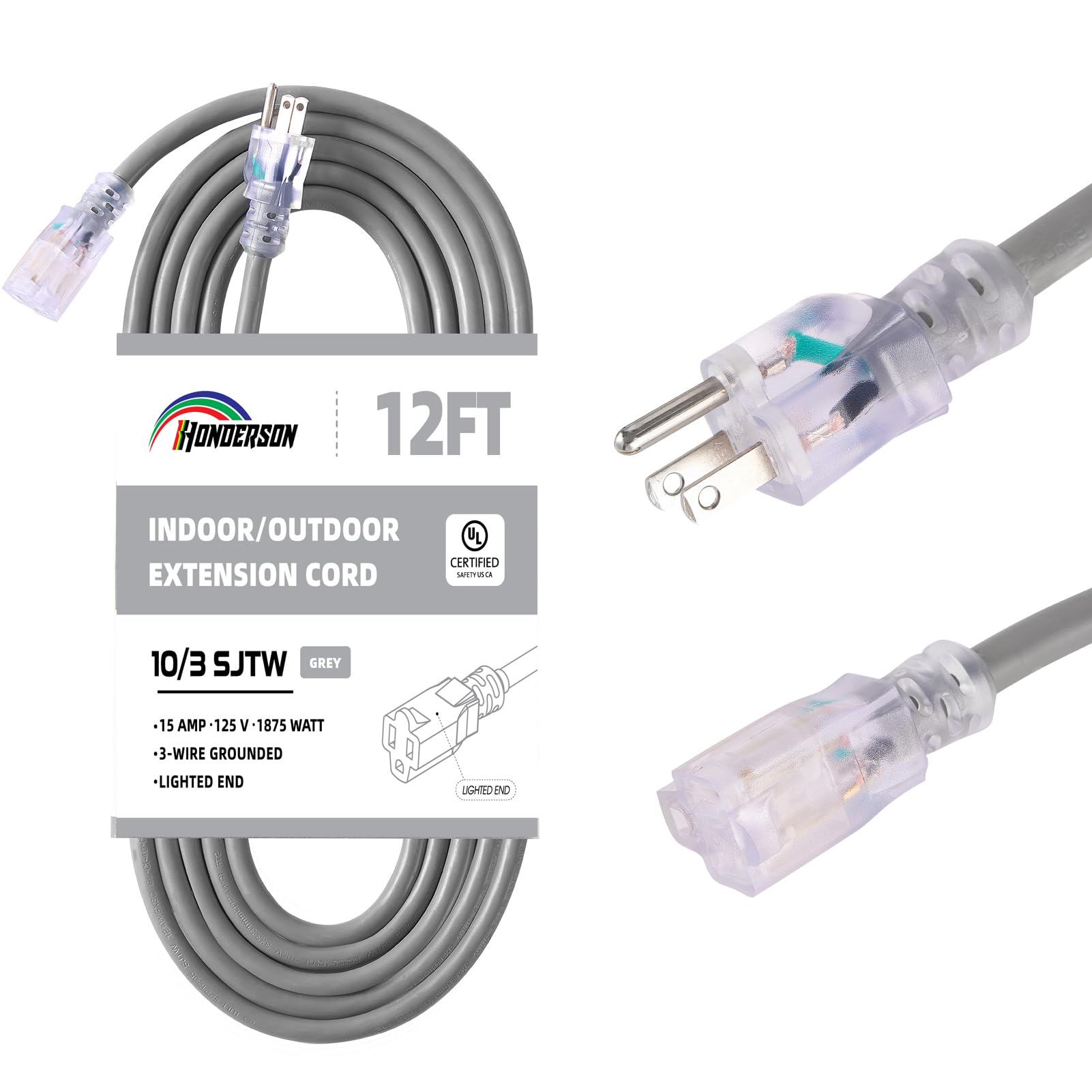 Honderson Indoor Outdoor Extension Cord Weatherproof With Lighted End, Ul Listed, 10 Gauge 12Ft Grey 3 Prong Heavy Duty Extensio