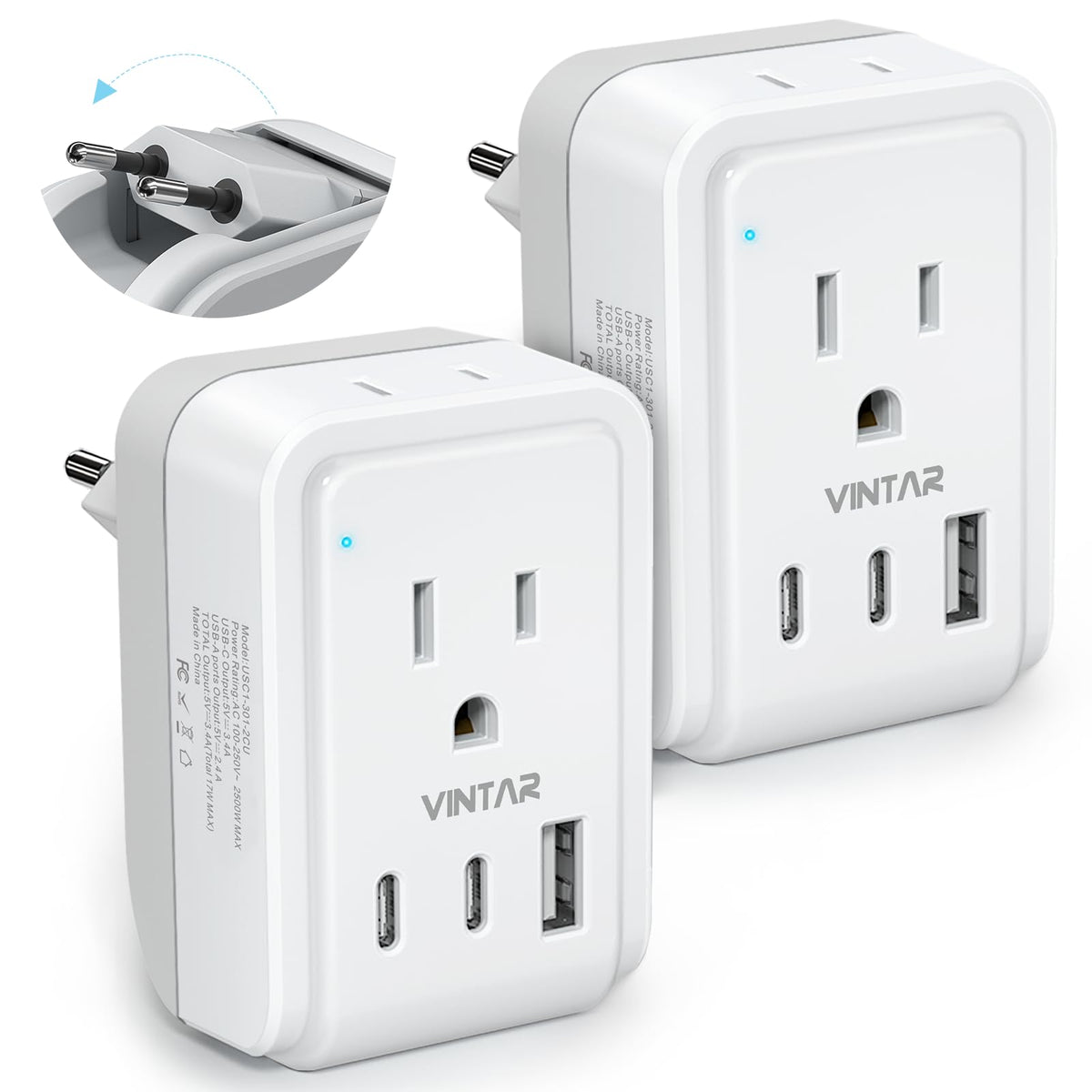 2 Pack European Travel Plug Adapter, Vintar Foldable International Power Adapter With 2 Ac Outlets 3 Usb Charging Ports(2 Usb C)