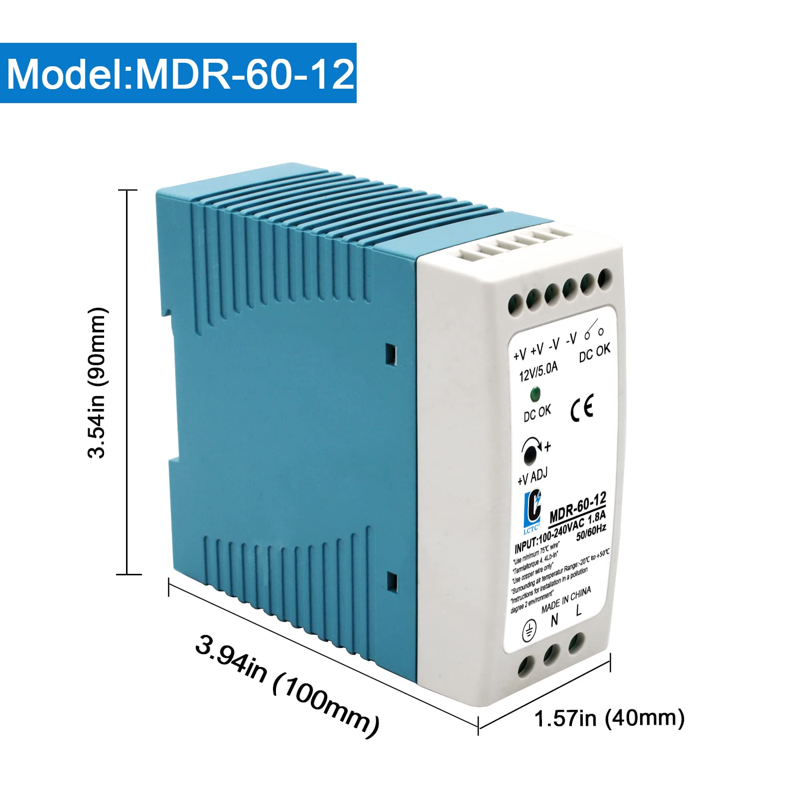 Din Rail Dc 12V Switching Power Supply Mdr 60W (Input:100 240Vac,Output:12Vdc,50/60Hz) Switch Converter (12V 5A)