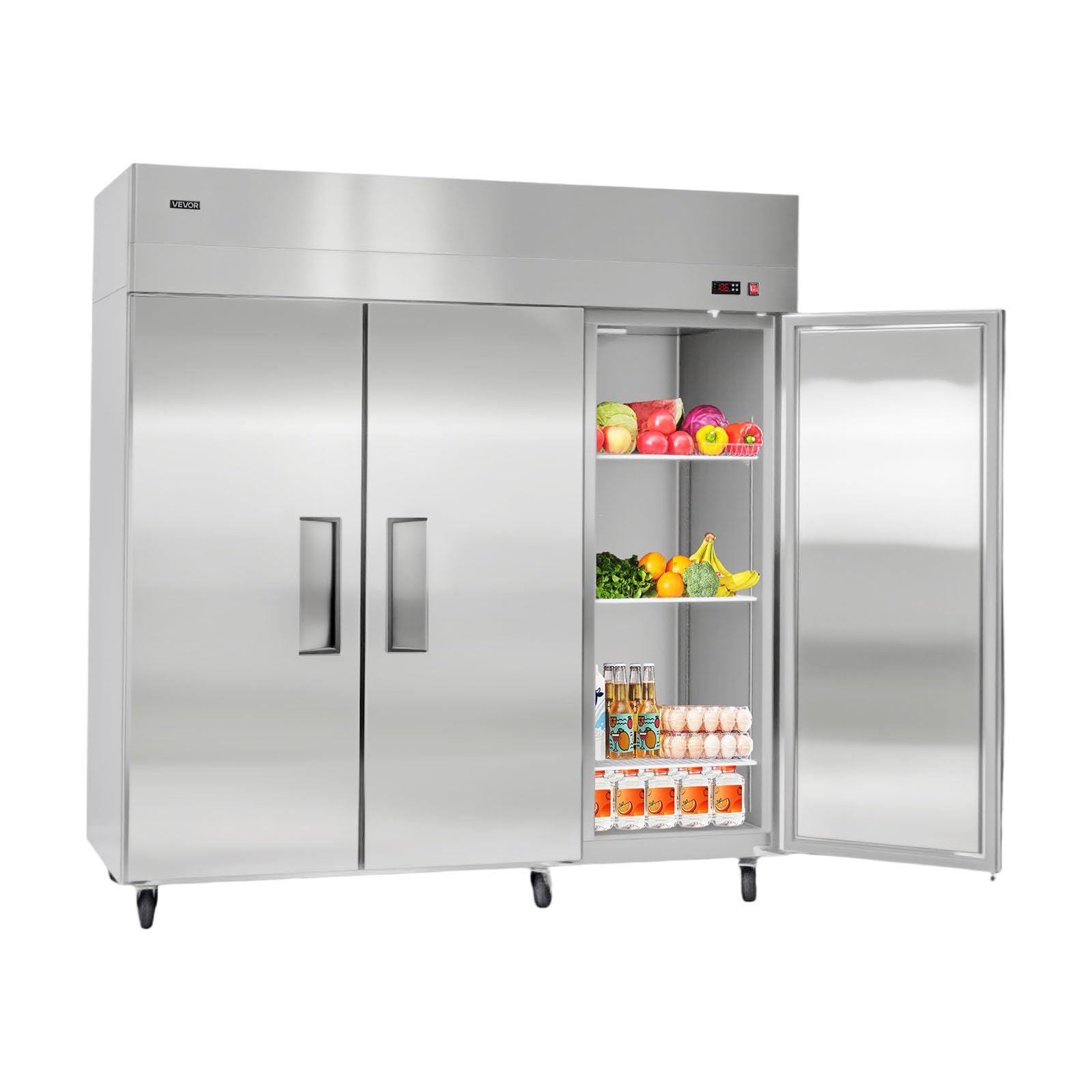 VEVOR Commercial Reach-In Refrigerator 72 W, 52 Cu.Ft Stainless Steel Upright Refrigerator with Three Doors, Auto-Defrost, 9 Adj