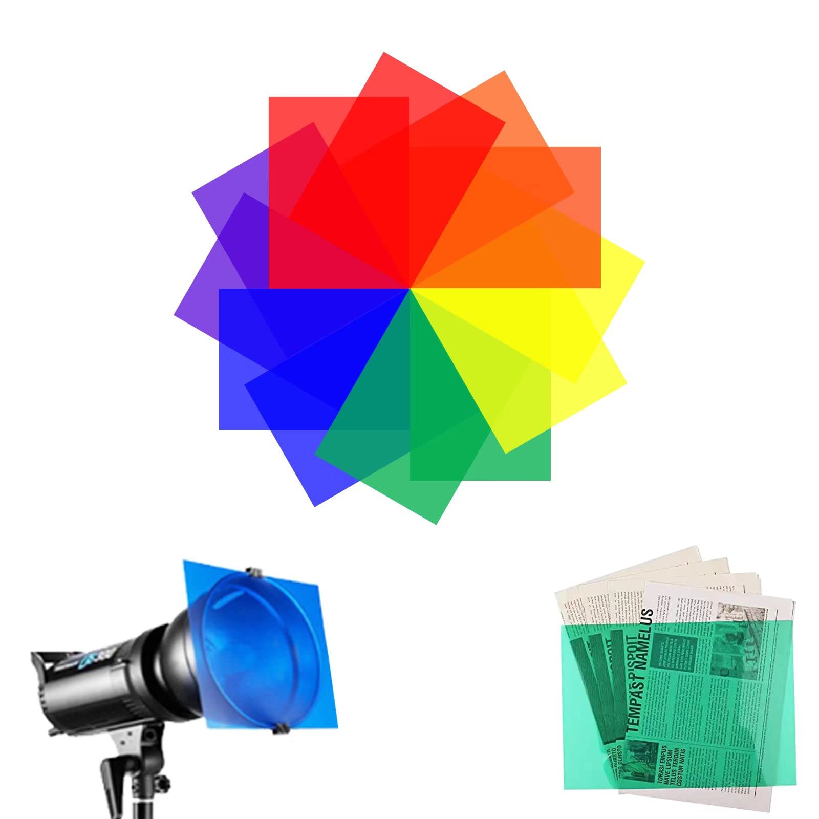 Liliya Color Gel Filter, 12 Pcs Transparent Correction Lighting Gel Filter Sheet Colored Overlays Transparency Color Film Plasti