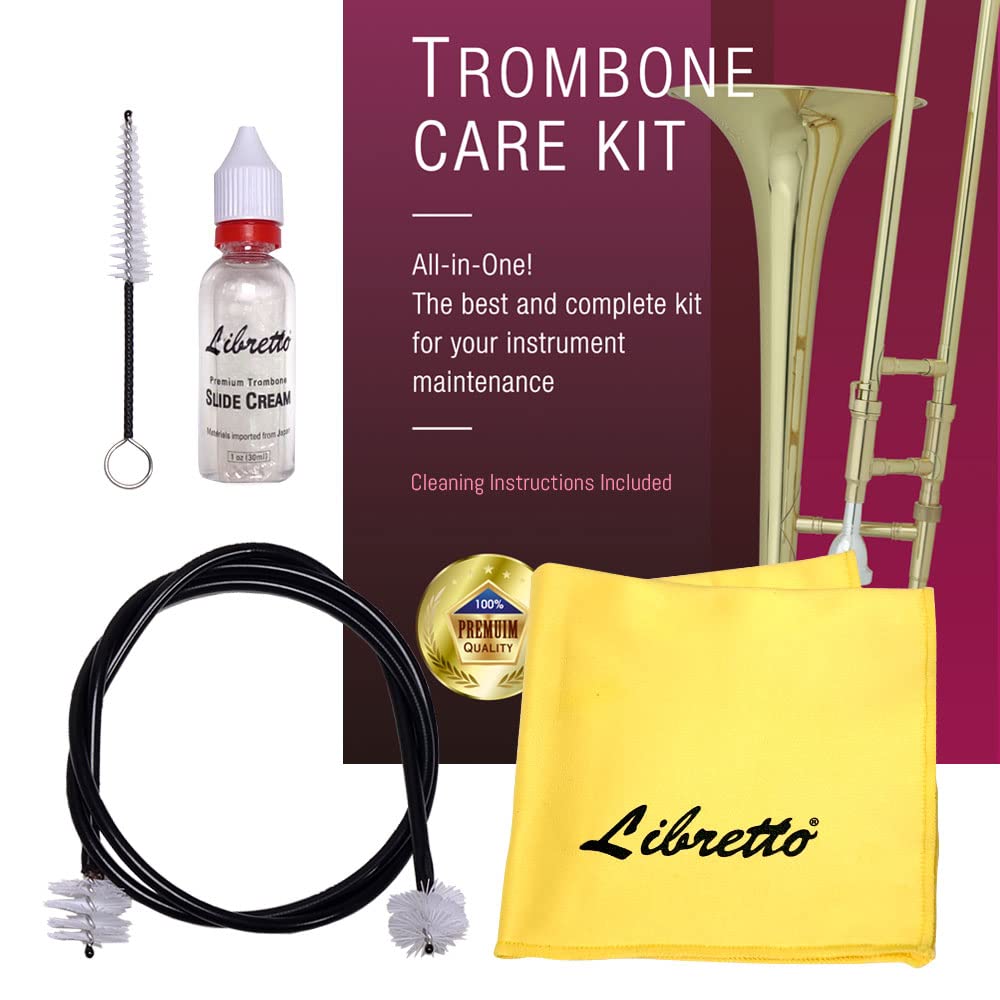 Libretto Trombone All Inclusive Care Kit: Flexible Bore Brush + Mouthpiece Brush + Slide Oil+ Microfiber Cleaning Cloth + Slide