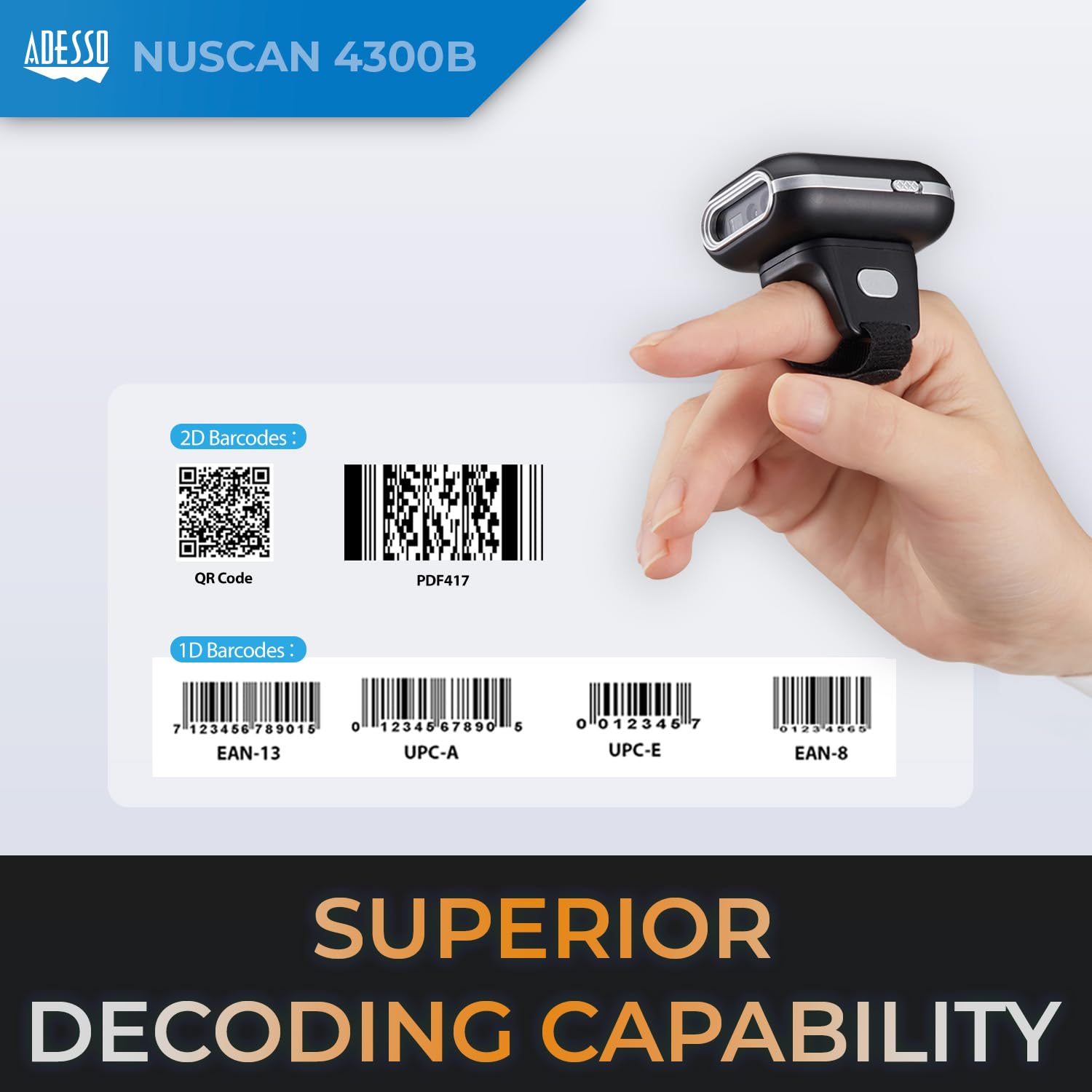 Adesso Nuscan 4300B 2D Bluetooth Wireless Ring Finger Barcode Scanner Lightweight Durable With Drop Protection And Fast Scanning