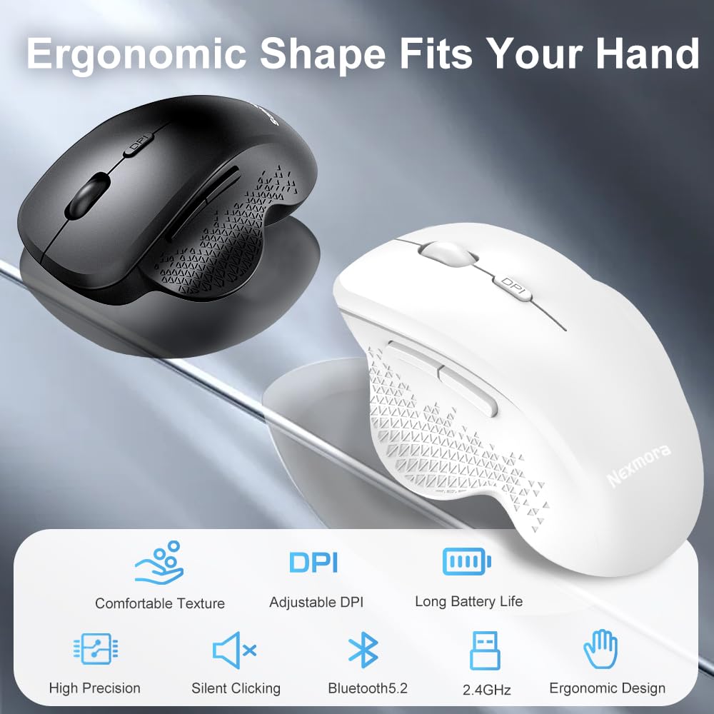 Anycool Bluetooth Mouse, Wireless Mouse, Ergonomic Mouse, 2.4Ghz With Usb Receiver, 1600 Dpi Optical Tracking, Quiet Clicks, Com