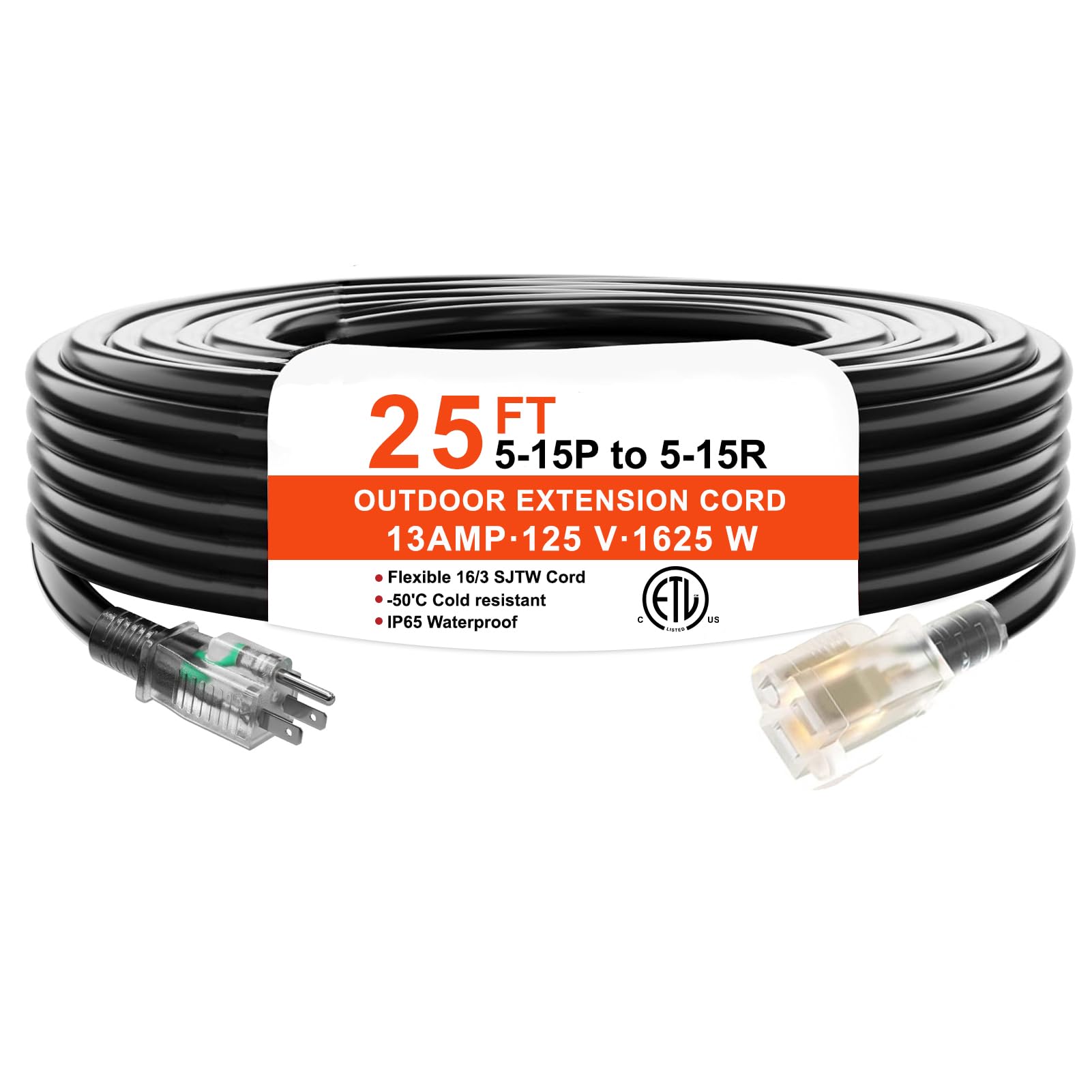 13Amp Outdoor Extension Cord Waterproof 25 Ft, Black 16/3 Sjtw Heavy Duty, Flexible 100% Copper 3 Prong Extension Cord For Lawn,
