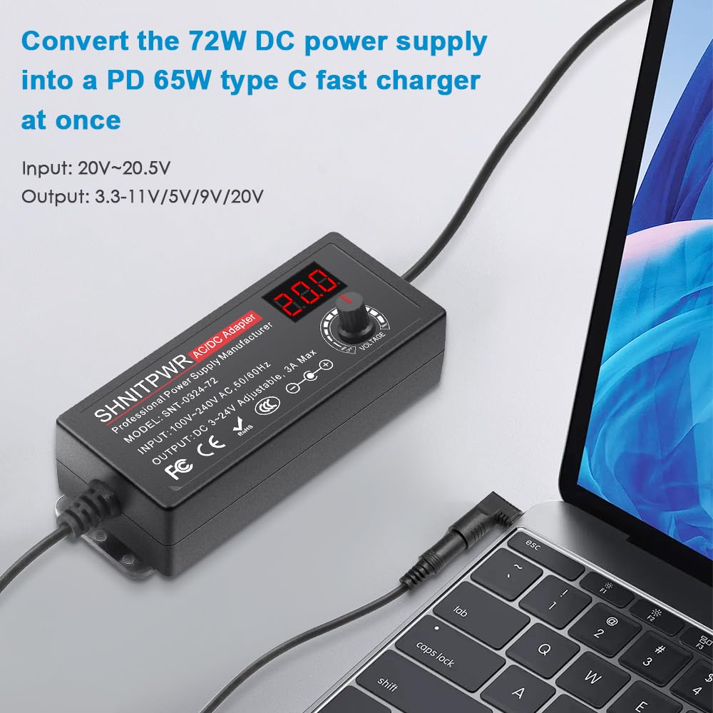 Shnitpwr 72W Universal Power Supply Adjustable Dc 3V ~ 24V 3A Ac/Dc Adapter With Usb C Charger Pd 65W Upgraded 100V 240V Ac To D