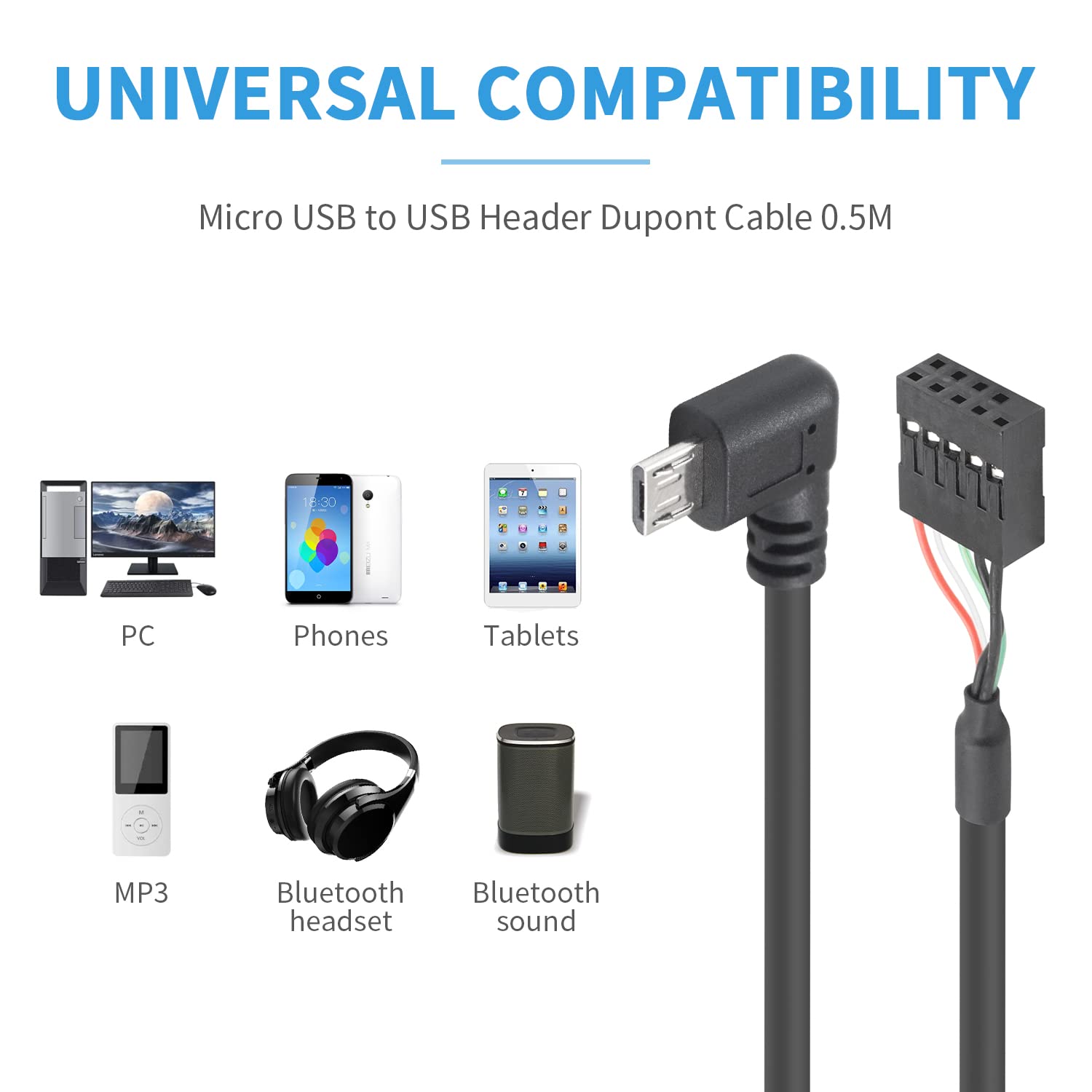 Duttek Usb Header To Motherboard Cable, 90 Degree Angled Micro Usb Male To 9 Pin Female Dupont Extended Cable (2 Pack), 1.65Ft/5