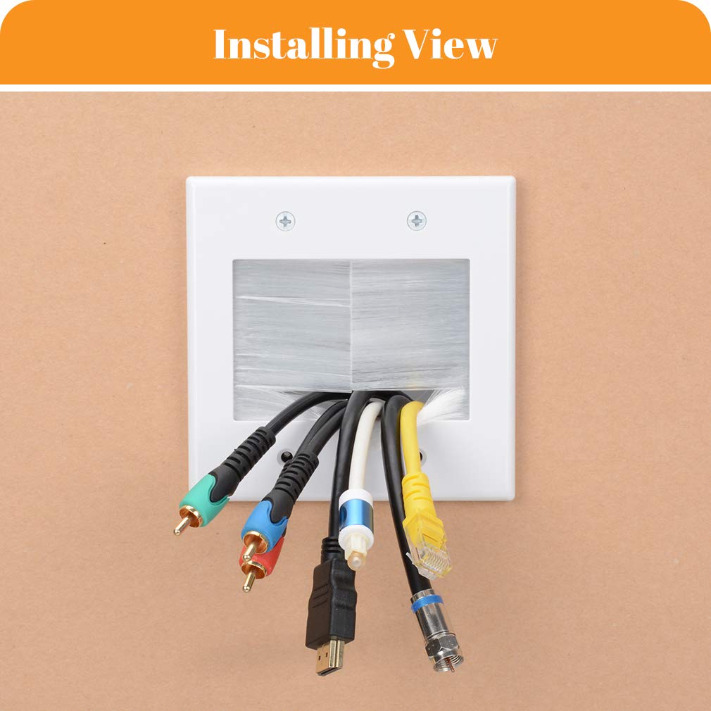 Kebulldola 2 Gang Brush Wall Plate White Built In Low Voltage Mounting Bracket For Cables Pass Through 2 Pack