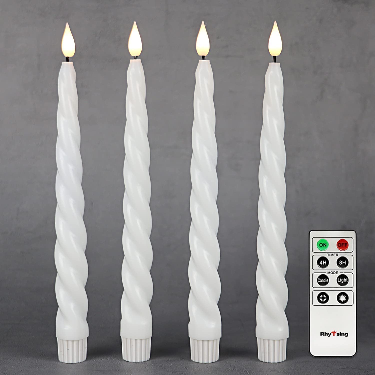 Rhytsing 9.6 White Flameless Twisted Taper Candles with Timer, Battery Operated Spiral Candlesticks, Warm White Light, Remote & 