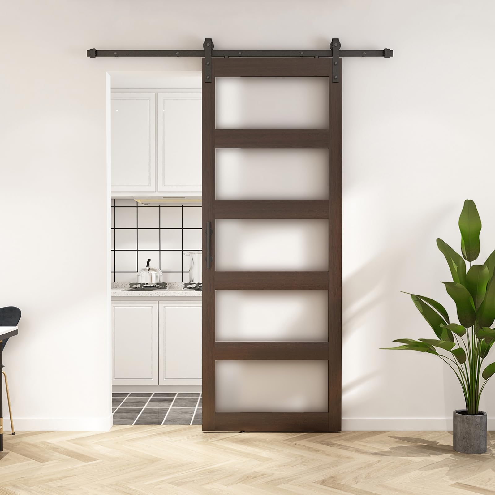 Barnsmith 36In X 96In Glass Barn Door And 6.6Ft Sliding Door Hardware Included, 5 Panel Frosted Glass Sliding Barn Door, Solid W