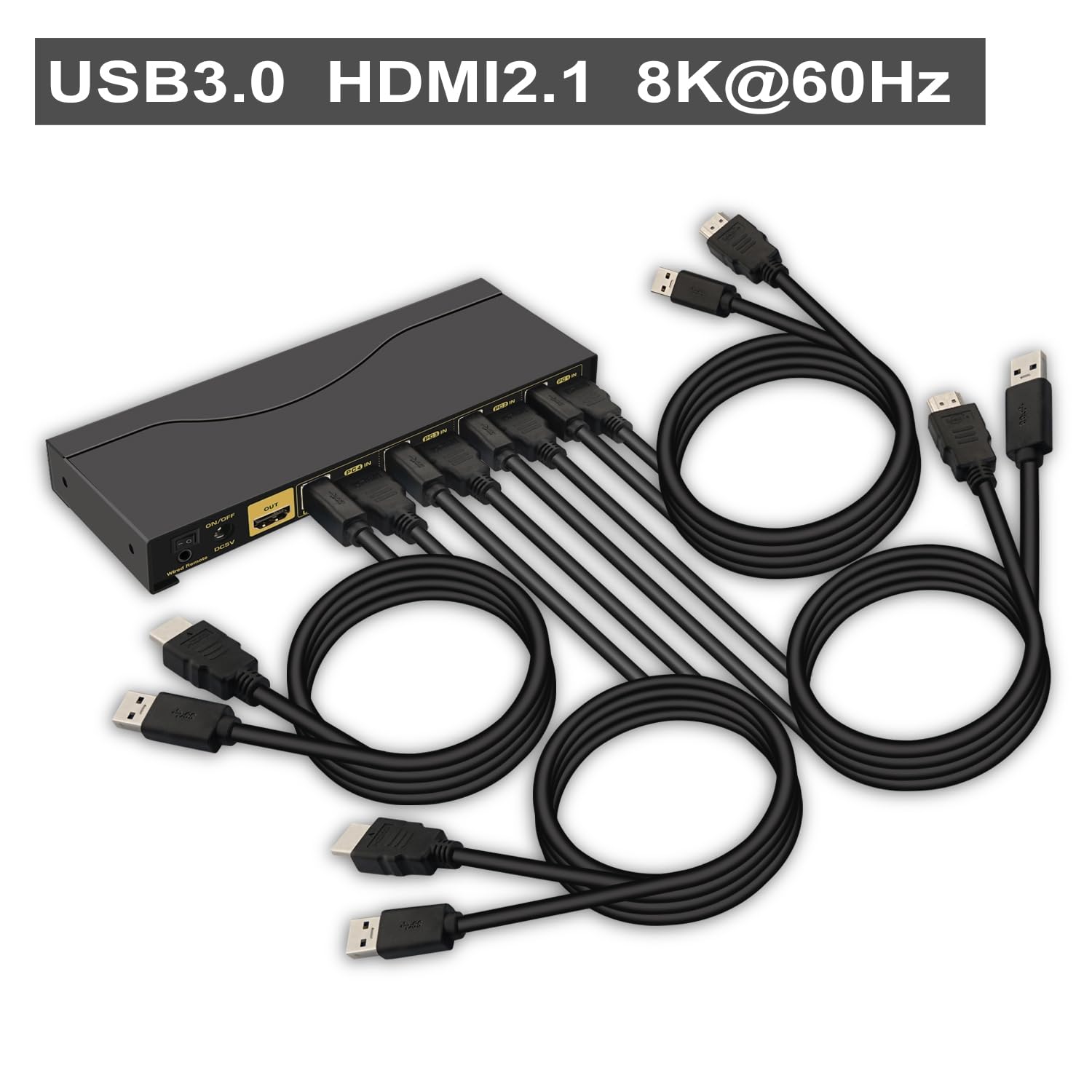 Cklau 4 Port Kvm Hdmi Switch With Audio, Cables, And Usb 3.0 Hub Supports 8K@60Hz 4K@144Hz, Hotkey Switching, Emulation Edid