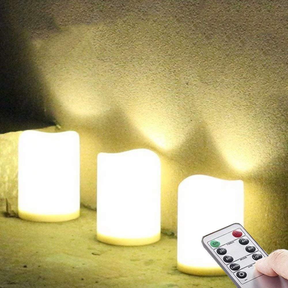 Set Of 3 Outdoor Ip44 Warm White Led Rainproof Waterproof Flameless Battery Led Pillar Candles With Remote And Timer, Plastic, W