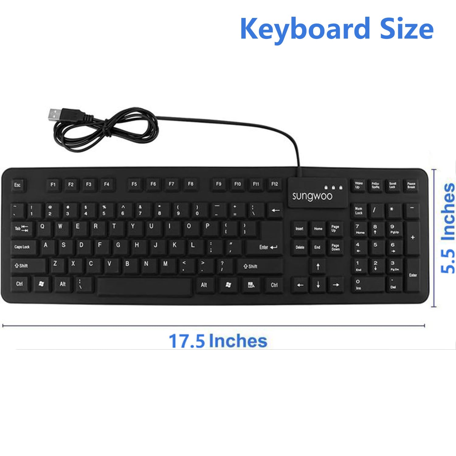 Sungwoo Foldable Silicone Keyboard Usb Wired Standard Keyboard Waterproof Rollup Keyboard For Pc Notebook Laptop, Full Size (Bla