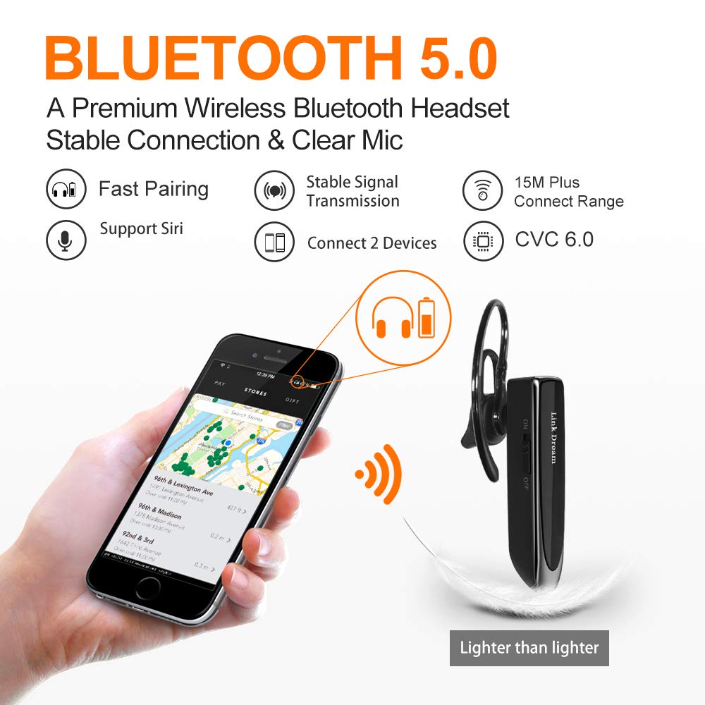 Link Dream Bluetooth Earpiece For Cell Phones Wireless V5.0 Hands Free Headset Noise Canceling Mic 24Hrs Talking 1440Hrs Standby