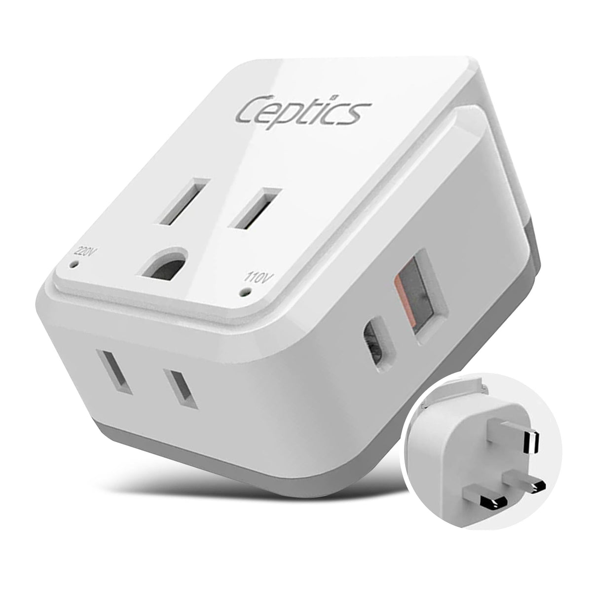 Ceptics Uk, Ireland Power Adapter Travel, Safe Dual Usb & Usb-C 3.1A - 2 Usa Socket - Compact & Powerful - Use In Hong Kong, Eng