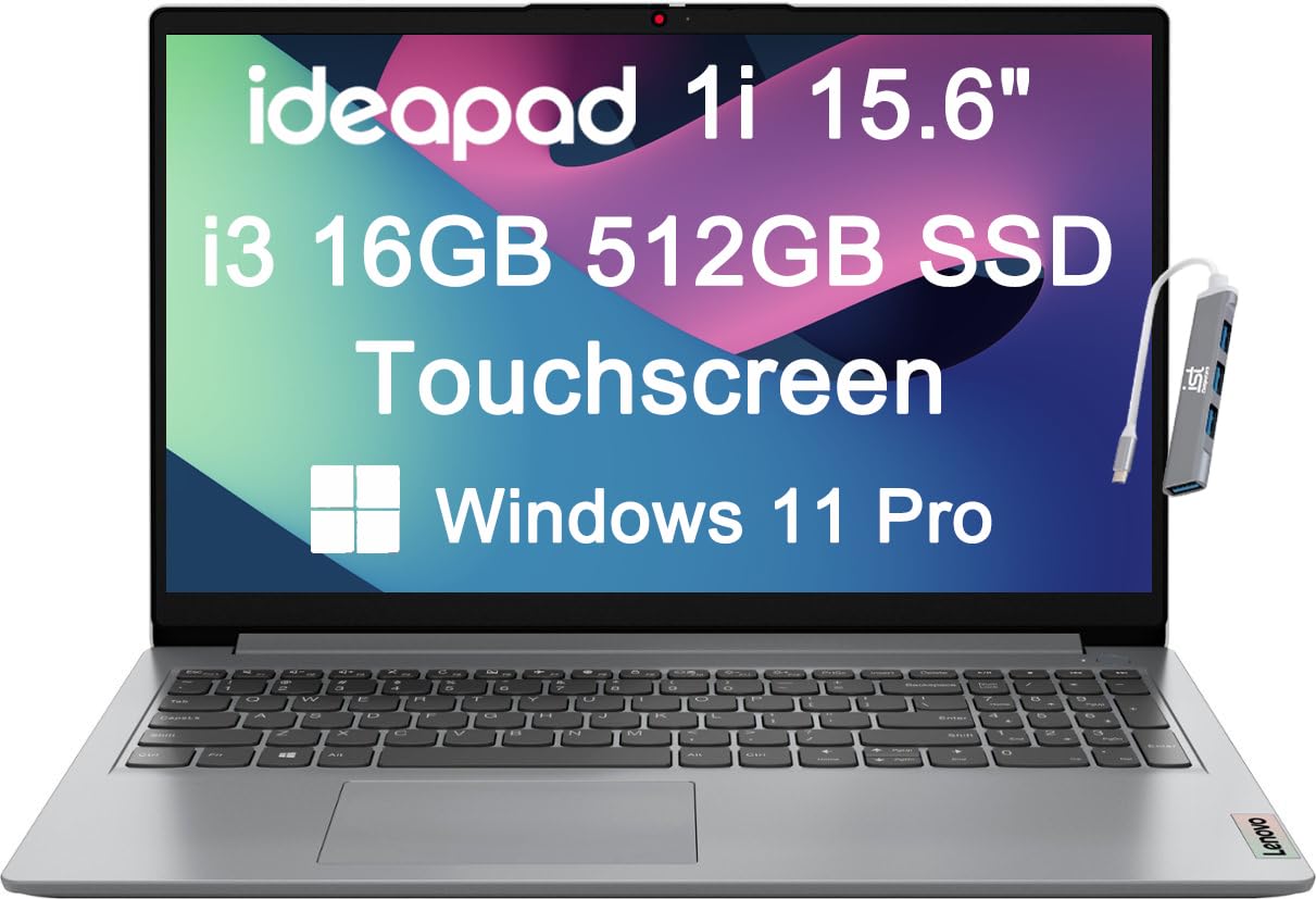 Lenovo IdeaPad 1 1i Laptop (15.6 FHD Touchscreen, Intel Core i3-1215U, 16GB RAM, 512GB SSD) Narrow Bezel, Webcam, 10-Hr Long Bat