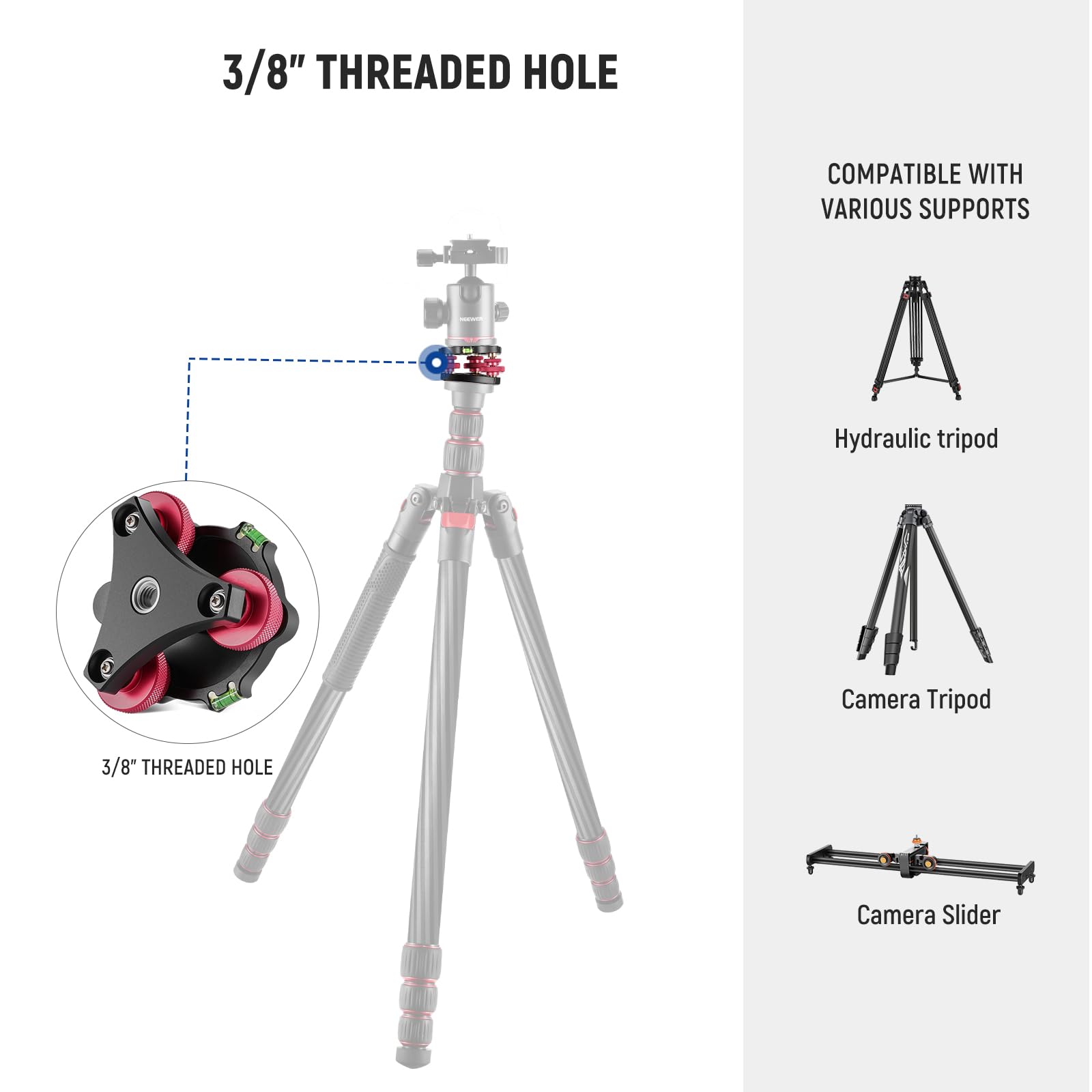 Neewer Tripod Head Leveling Base Camera Leveler, Aircraft Grade Aluminum Alloy 3 Axis Tri Wheel Head, 3/8    Thread,  5 Precise