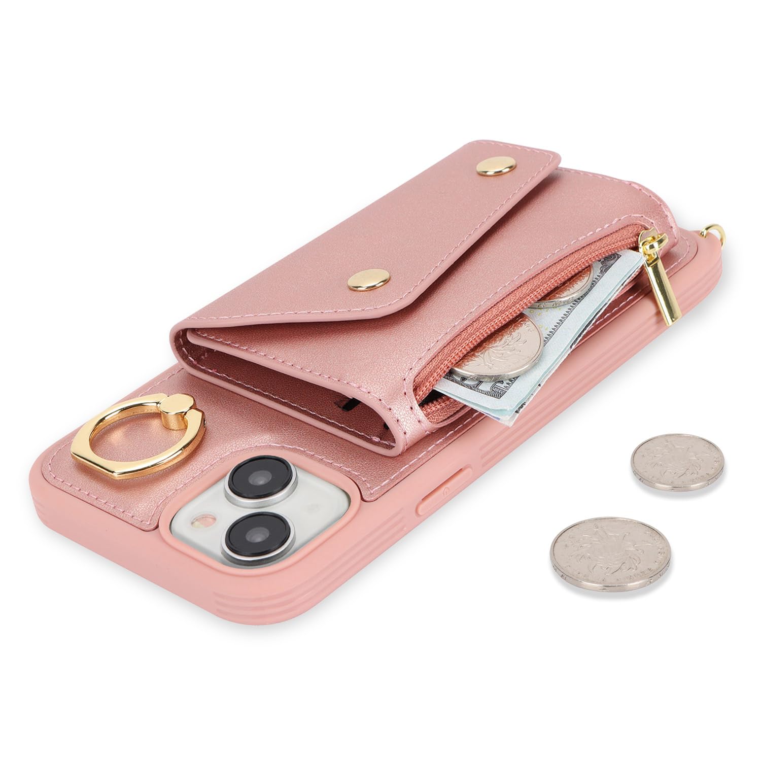 Lipvina For Iphone 15 Plus Case With Card Holder And Strap - Zipper Pocket,Crossbody Lanyard Strap,Credit Card Holder,Stand Ring