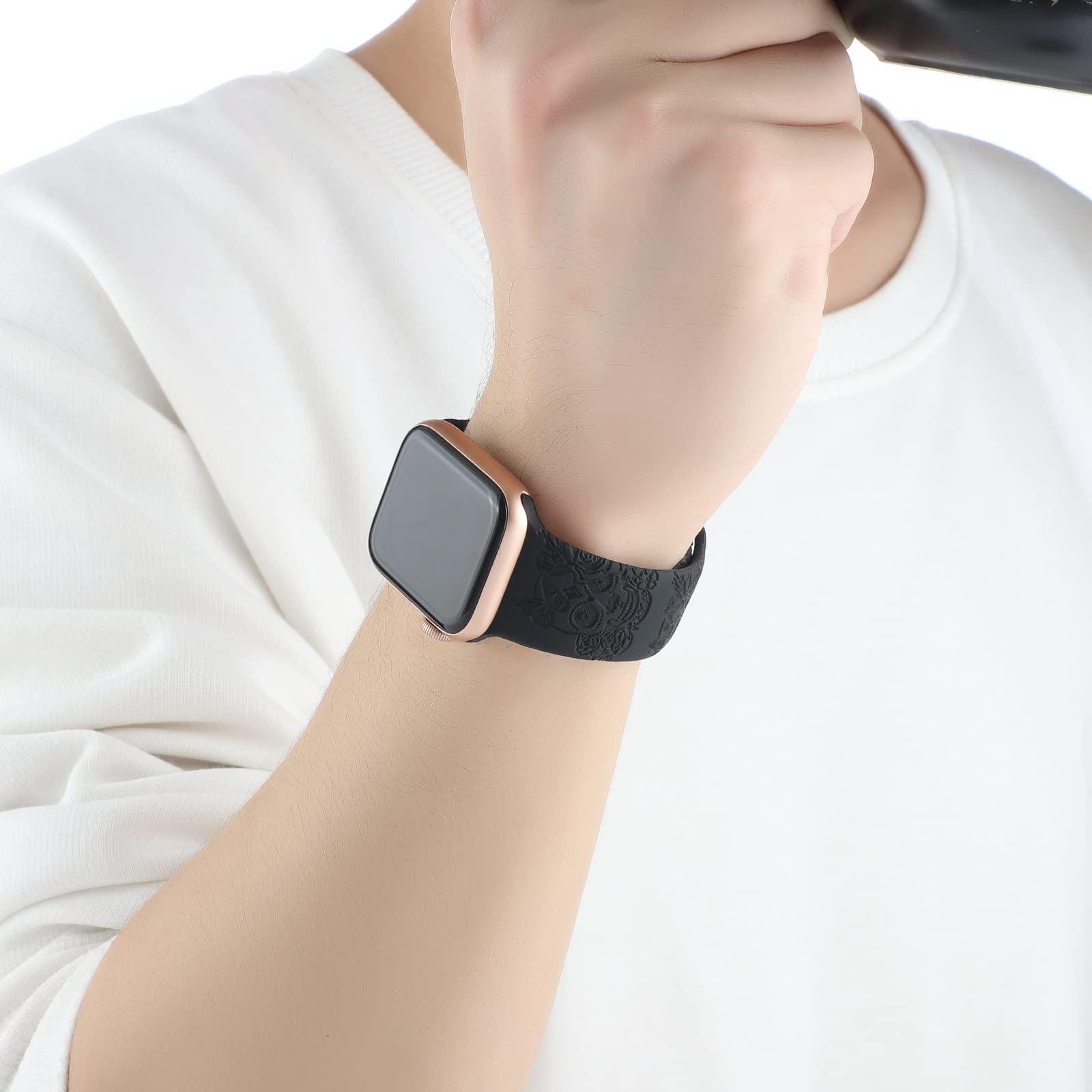 Skull Engraved Design Sport Bands Compatible With Apple Watch Iwatch Bands 40Mm 38Mm 41Mm, Flower Pattern Laser Printed Soft Sil