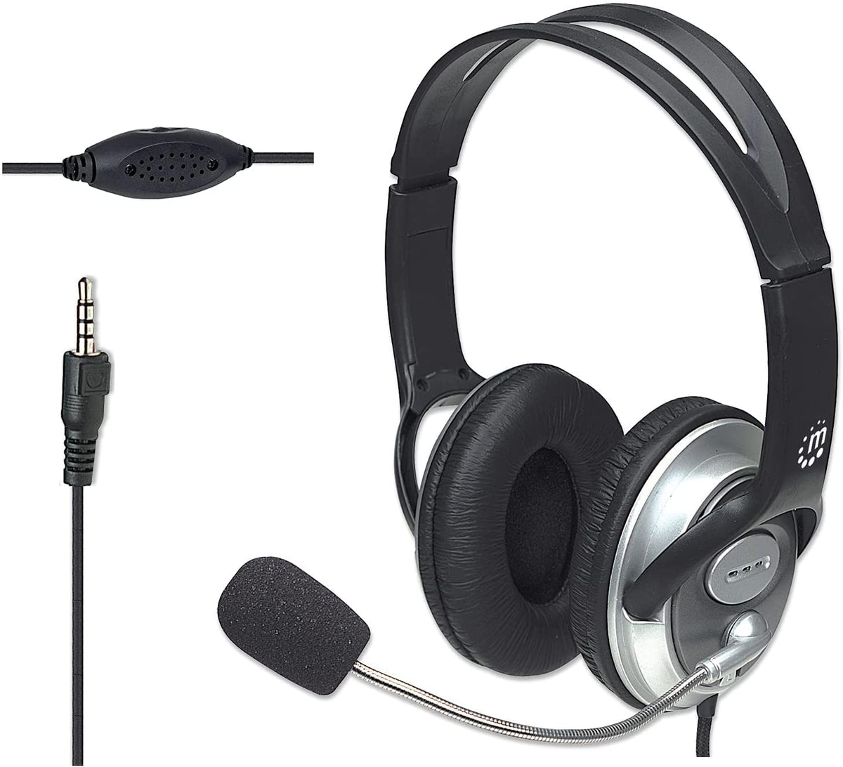 MANHATTAN Wired Headset with Microphone - with 8 ft Long Braided Stereo Cable, Single 3.5mm Plug Jack, Volume Control, Flexible Mic – for Computer, Laptop, PC, Phone – 3 Yr Mfg Warranty – 180825