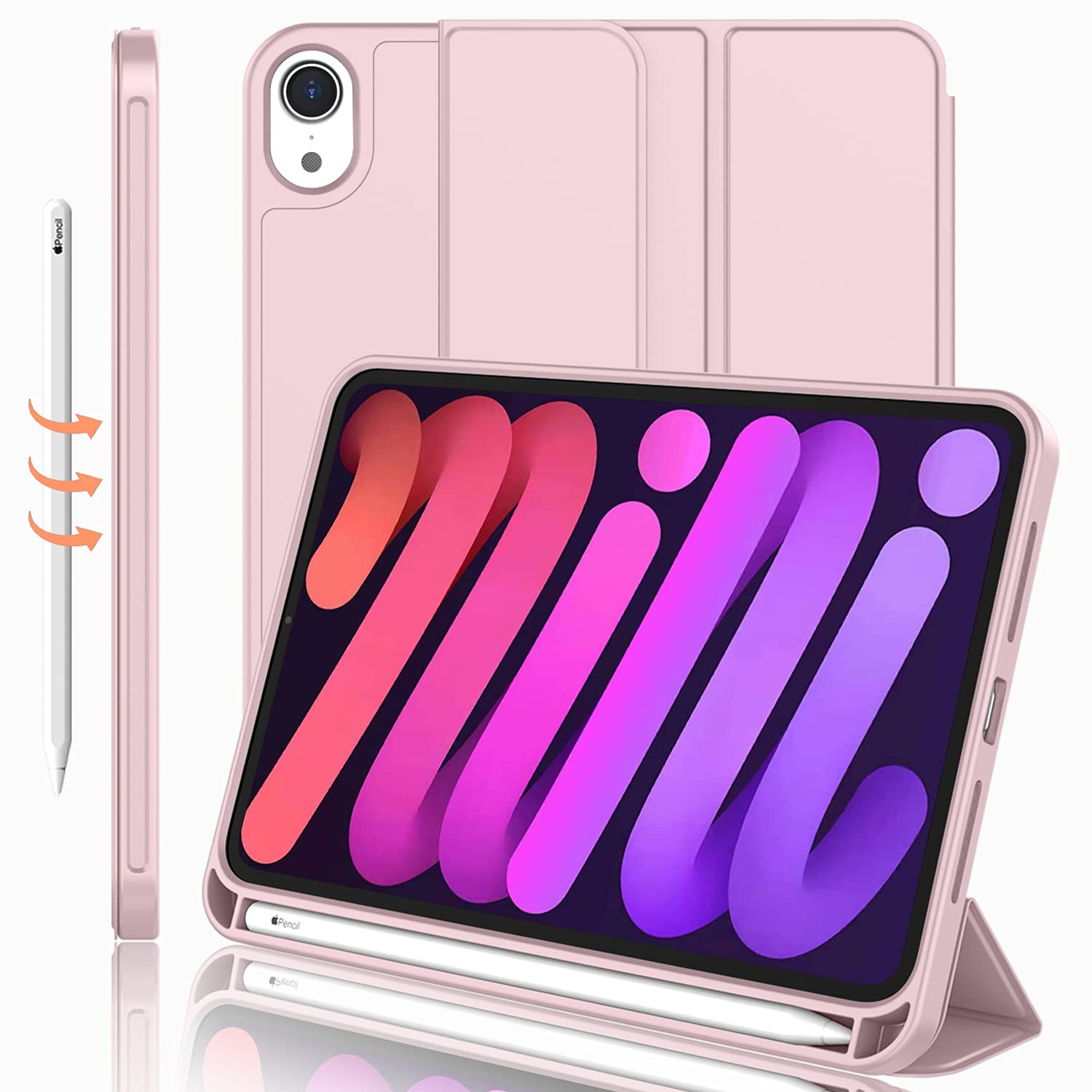 Imieet Ipad Mini 7 Case 2024 (A17 Pro), Ipad Mini 6 Case (8.3 Inch,2021 Model), Ipad Mini 7Th/6Th Generation Case With Pencil Holder, Trifold Stand Smart Case With Soft Tpu Back,Pink