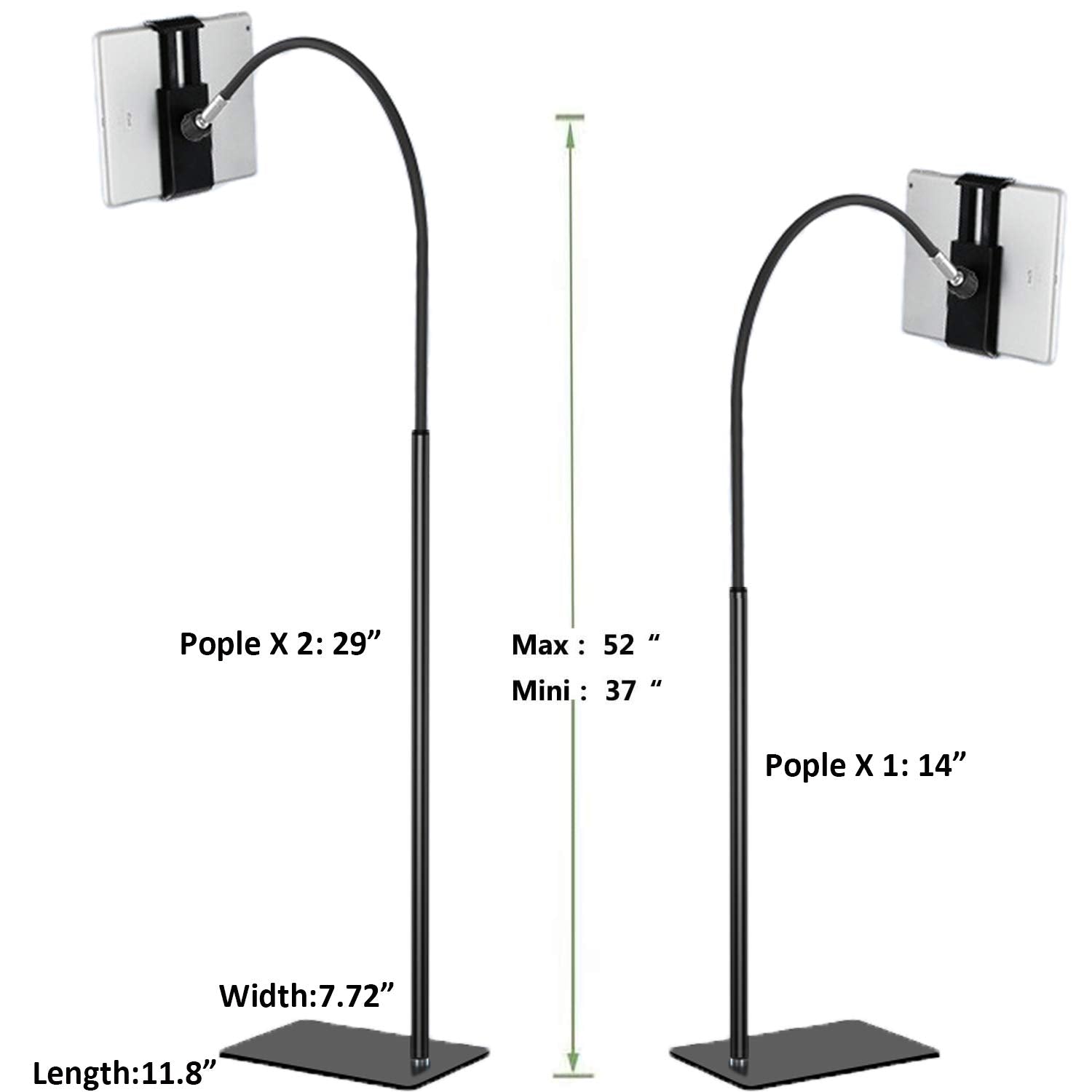 Creatop Tablet Floor Stand With Flexible Gooseneck And Stable Base, Tablet Stand Adjustable 360 Degree Roating Floor Stand For I