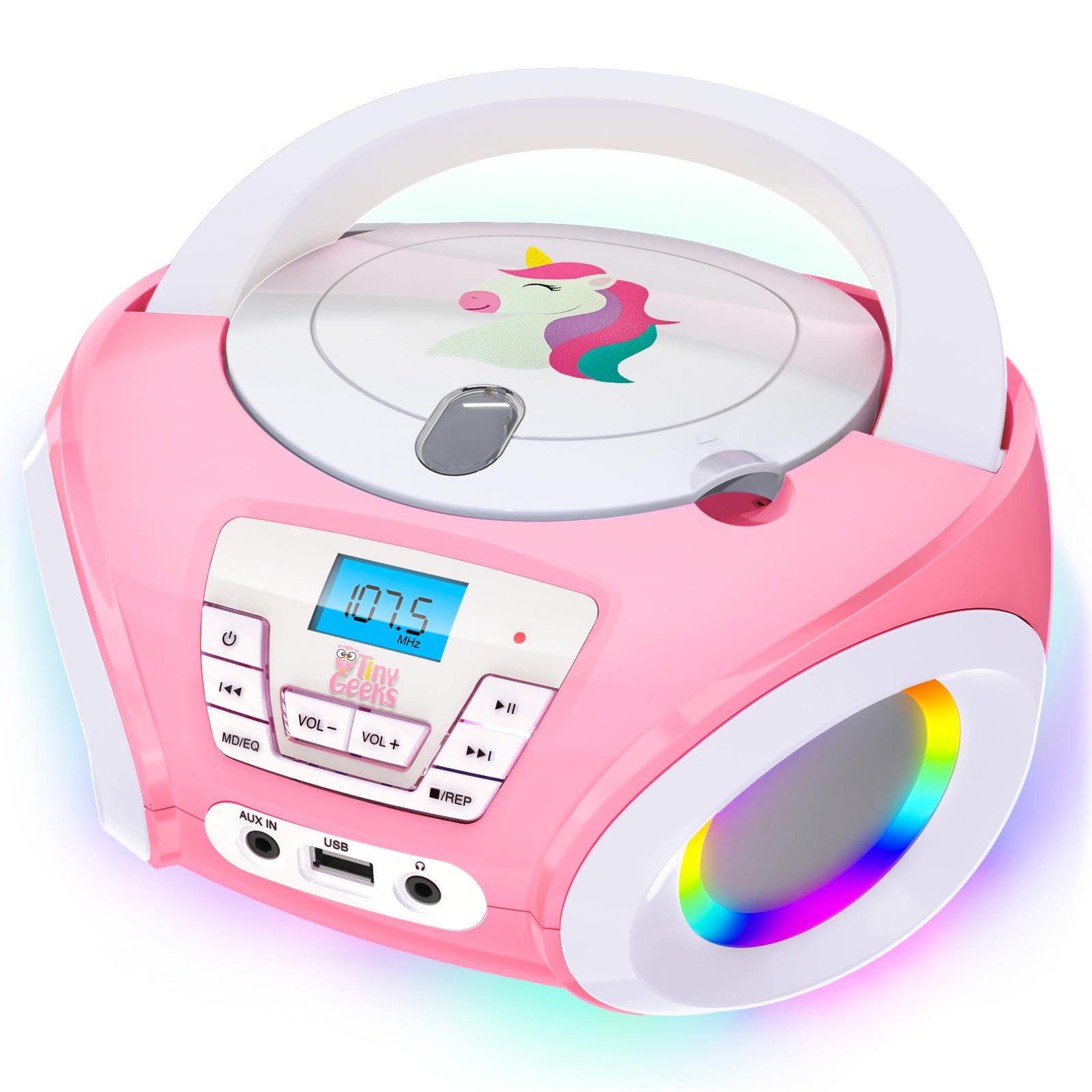 TinyGeeks Tunes Kids Boombox CD Player for Children - FM Radio - Includes Batteries - Rose Radio - CD Player with Speakers for C