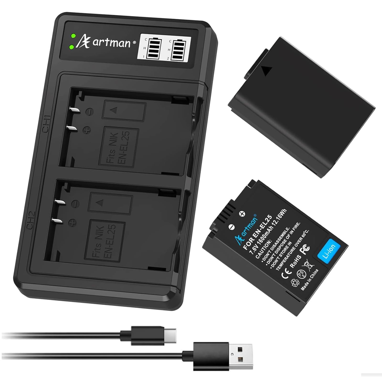 Artman En El25 En El25A Battery 2 Pack 1600Mah And Usb C Lcd Dual Charger Compatible With Nikon Z30 Z50 Zfc Camera 4241 Enel25 E