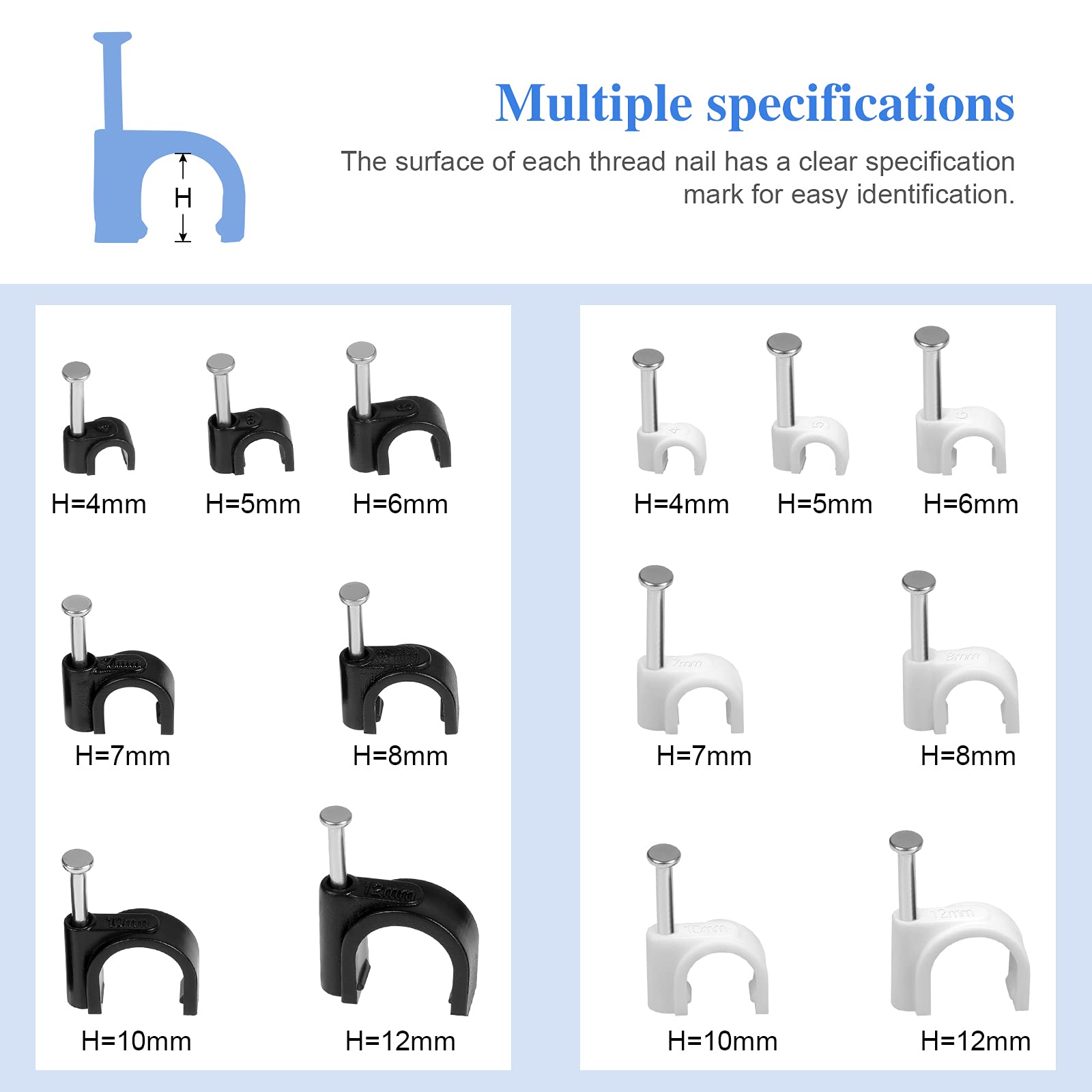 Ocr 600Pcs Cable Clips With Steel Nail, Round Wire Clips Black White Assortment 4Mm 5Mm 6Mm 7Mm 8Mm 10Mm 12Mm Cable Management R