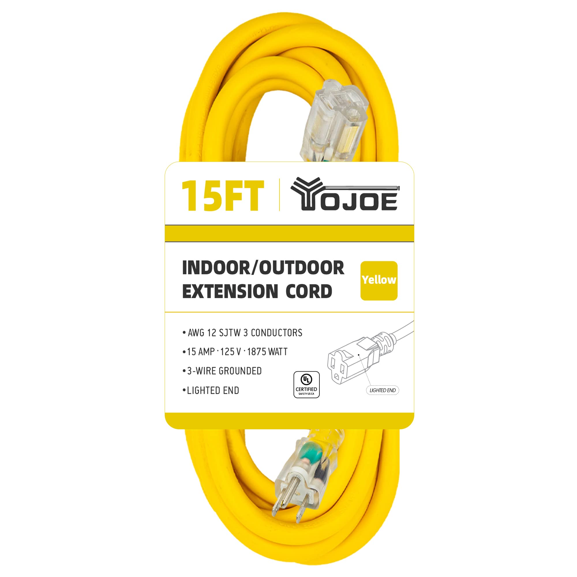 Yojoe Indoor Outdoor Extension Cord With Lighted End, 3 Prong 15A Weatherproof Power Extension Cord, 12 Gauge Heavy Duty 15 Ft Y