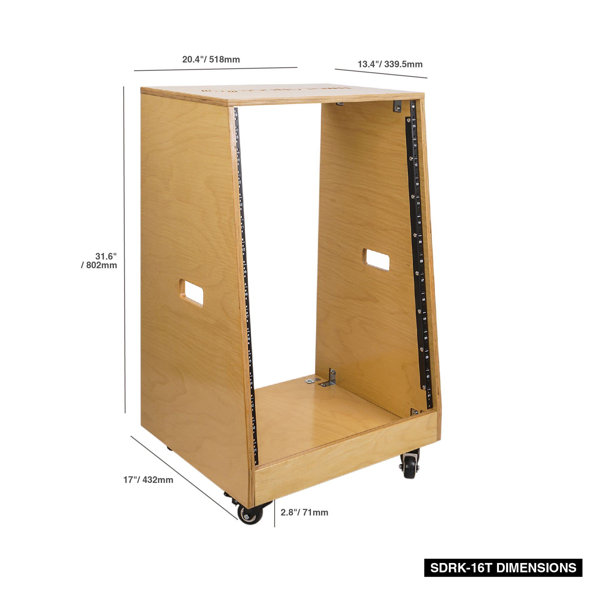 Sound Town Diy Solid Baltic Birch Plywood Slanted 16U Studio Rack, Golden Oak, Rubber Feet, Casters (Sdrk-16T)