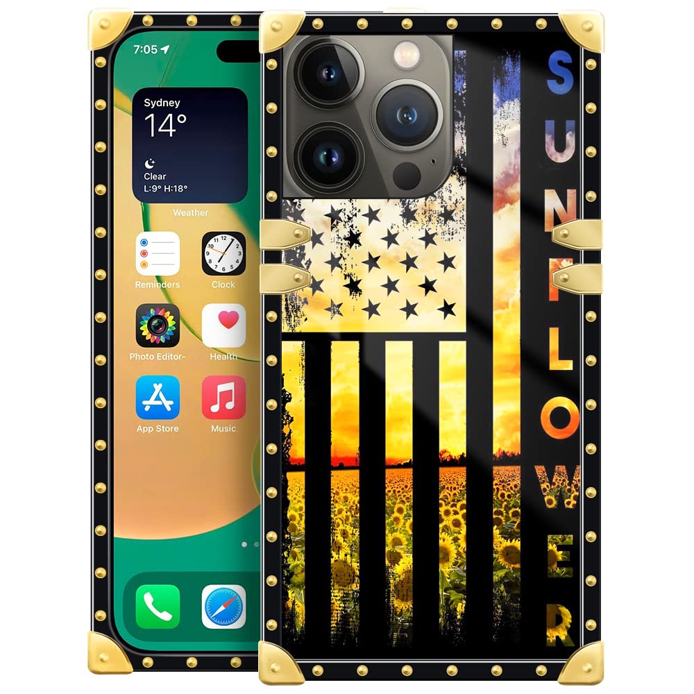 Pinsheng For Iphone 14 Pro Max Case,Sunflower American Flag Iphone 14 Pro Max Cases For Girls/Women,Surrounding Soft Tpu Luxury