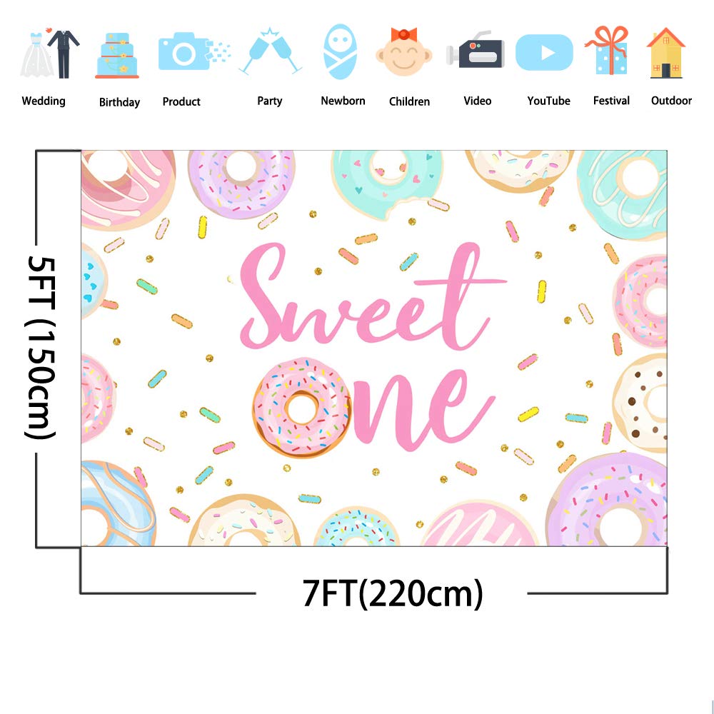 Avezano Donut Sweet One Backdrop Doughnut First Birthday Party Background 7X5Ft Sprinkles Confetti Donuts 1St Birthday Photo Booth Banner Cake Table Decorations For Girls