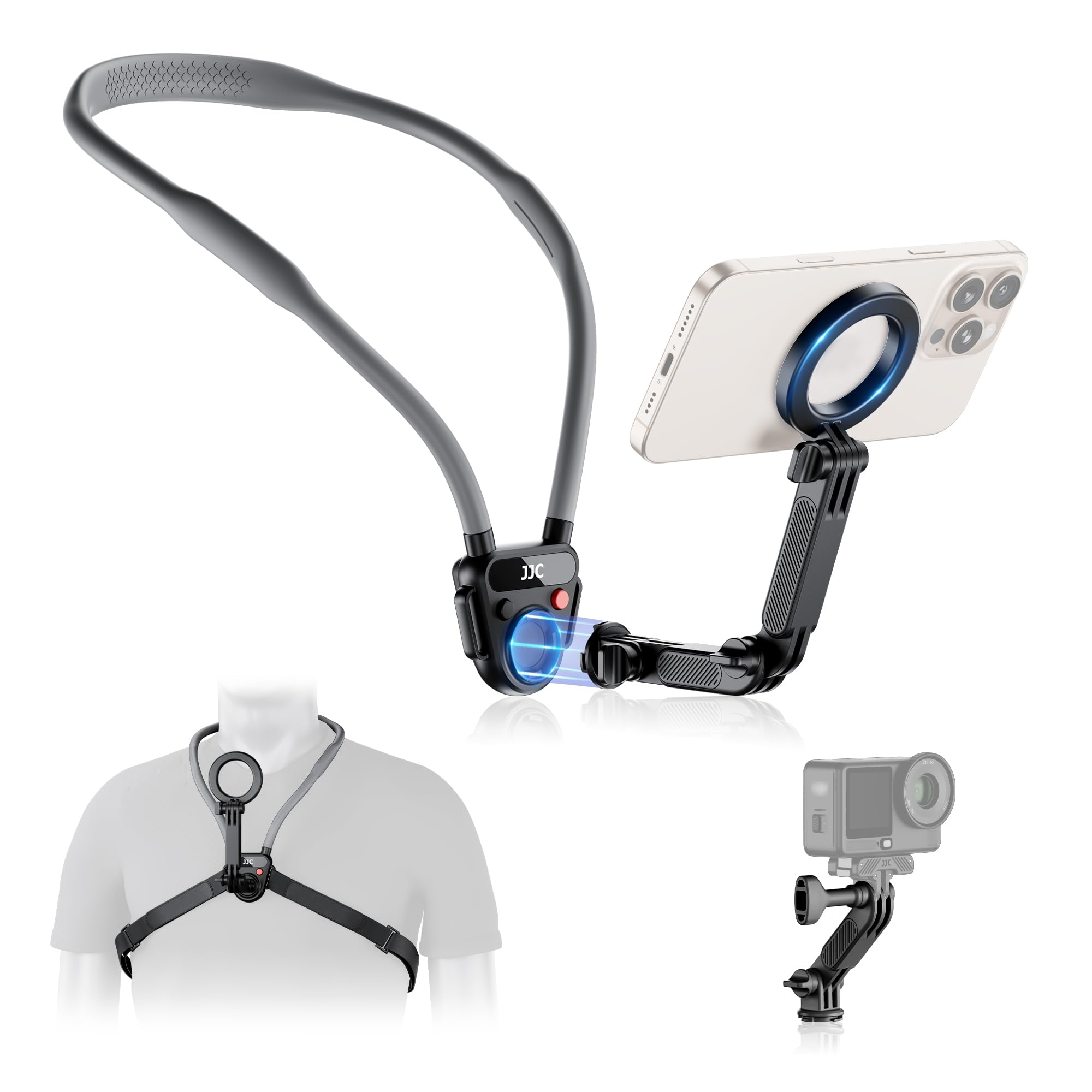 JJC Magnetic Neck Mount for Phone & Action Camera, POV Neck Holder for iPhone 17-12 Series Android Phones Gopro Insta360 with Qu