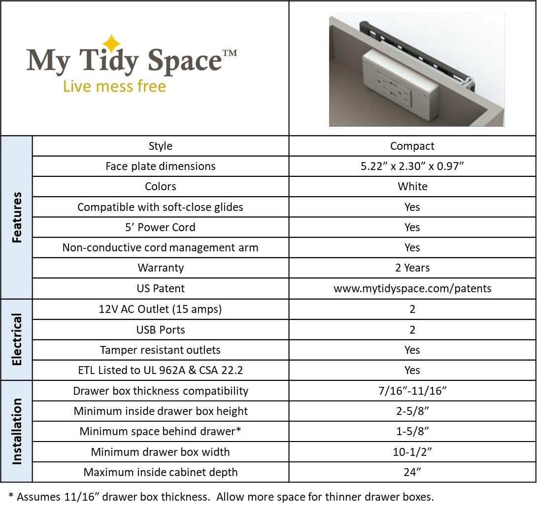 Compact In Drawer Outlet Charging Station (2) 15 Amp Ac Outlets (2) Usb A Ports With Cord Management Arm, White