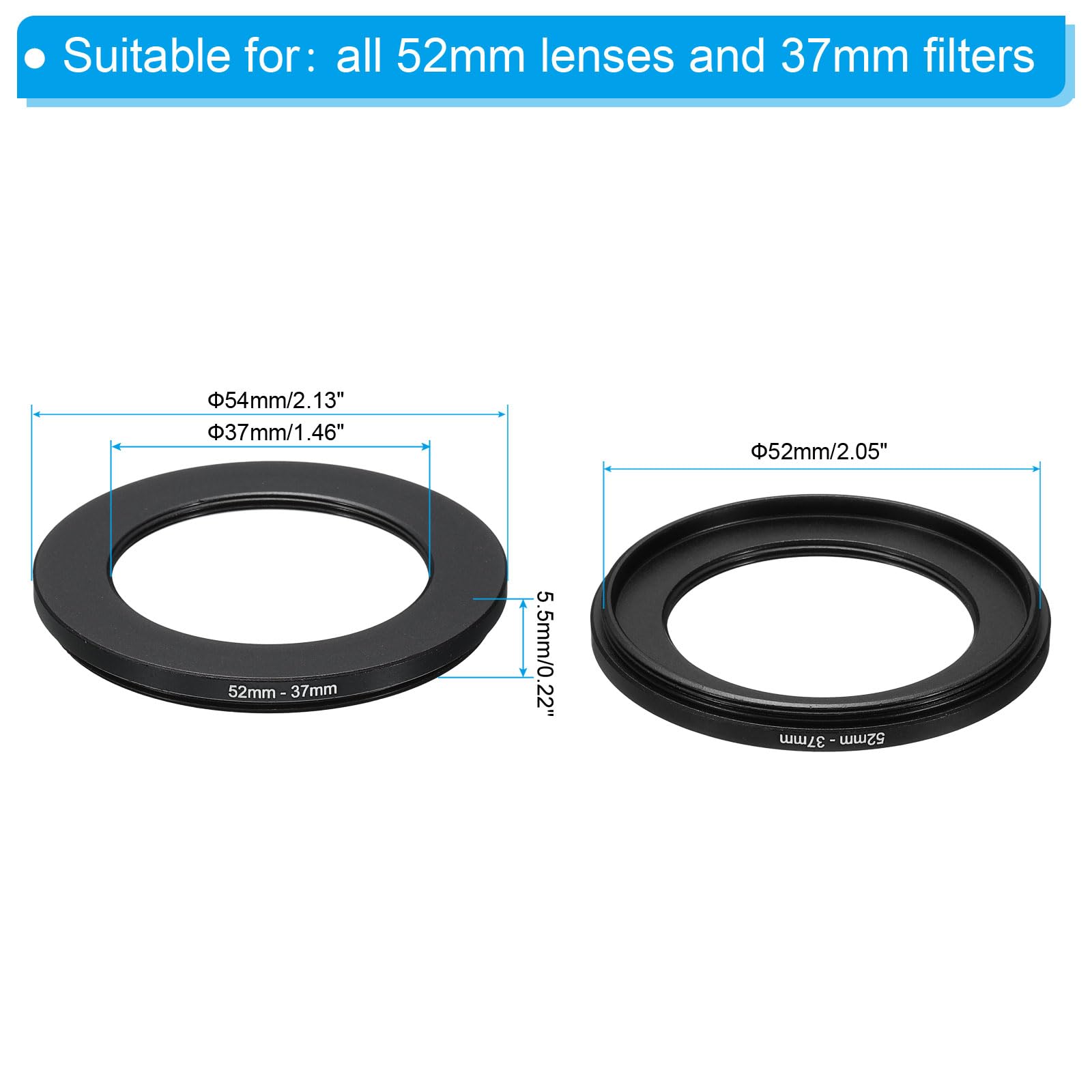 Patikil 52Mm 37Mm Metal Step Down Ring, Camera Lens Filter Adapter Ring Aluminum Filter Adapter Ring For Camera Lenses Hood, Bla