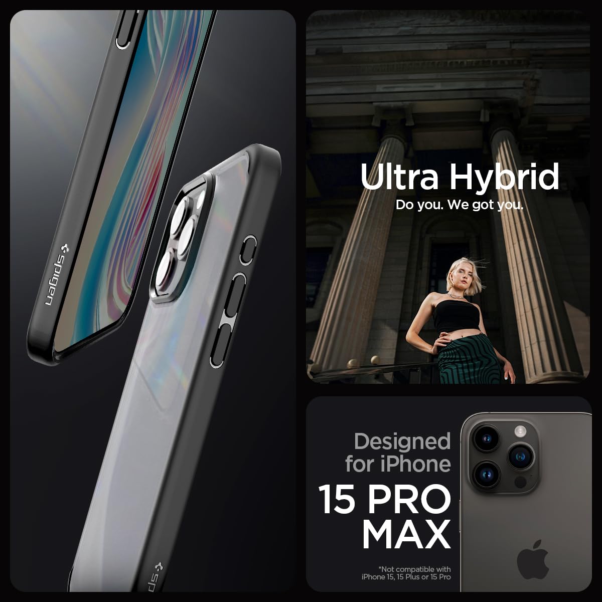Spigen Ultra Hybrid Designed For Iphone 15 Pro Max Case (2023) [Anti Yellowing], [Military Grade Protection]   Frost Black